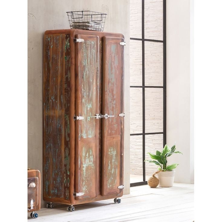 Vintage Reclaimed Wood Wardrobe Cabinet with Wheels - 1.8m Tall Rustic Storage Closet for Bedroom, Living Room & Office - Natural Finish Mobile Clothing Organizer