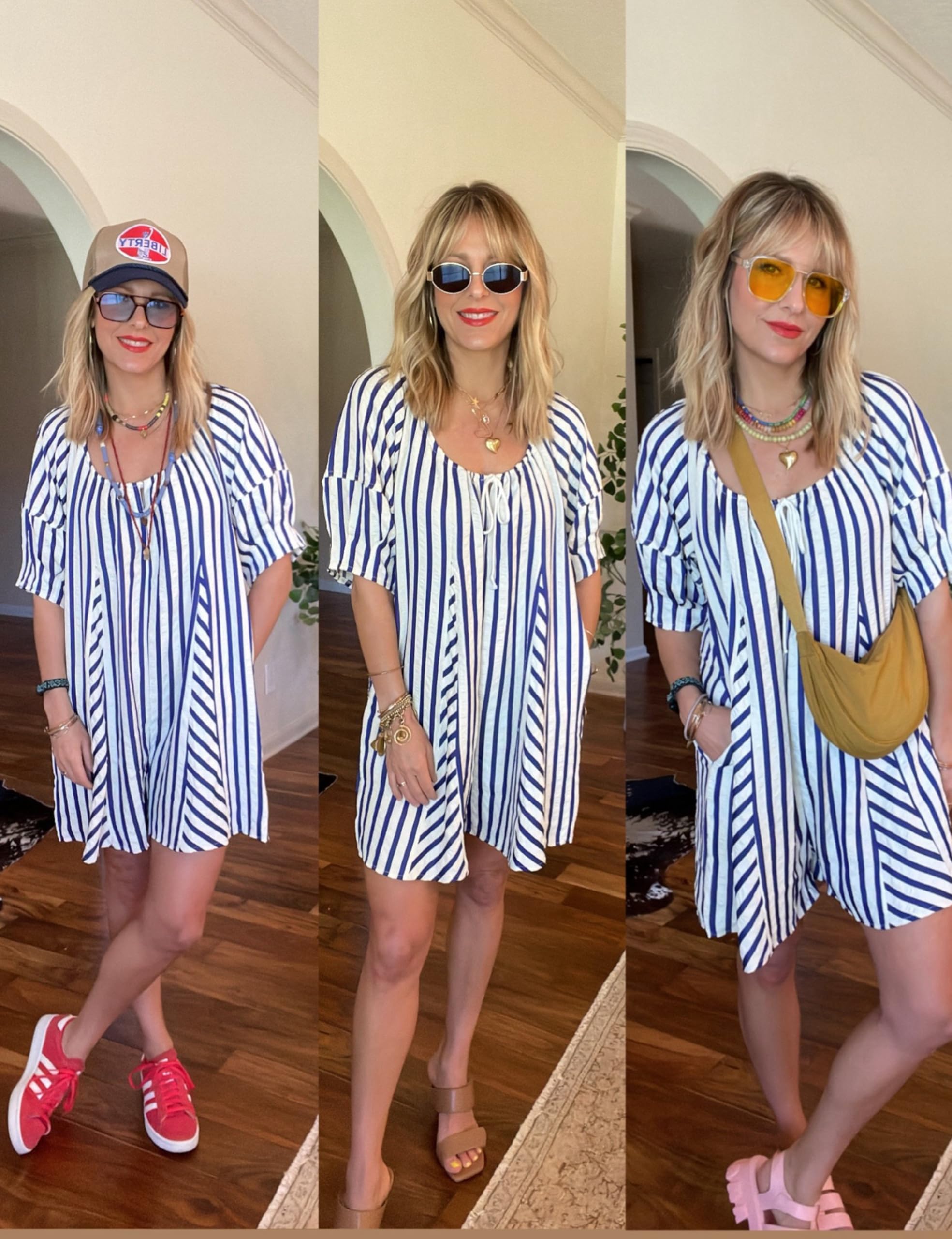 Athlisan Women's Striped Romper - Casual Loose Puff Sleeve Wide Leg Jumpsuit Overalls with Pockets | Summer Outfit, Beach Wear, Vacation Dress, Street Style Fashion