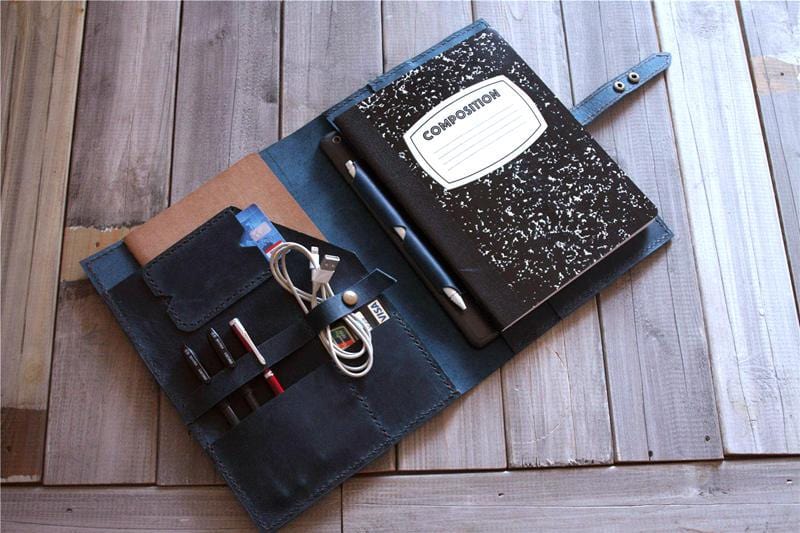 Premium Blue Leather iPad Case with Notebook Holder - Stylish Portfolio Cover for Work, School & Travel