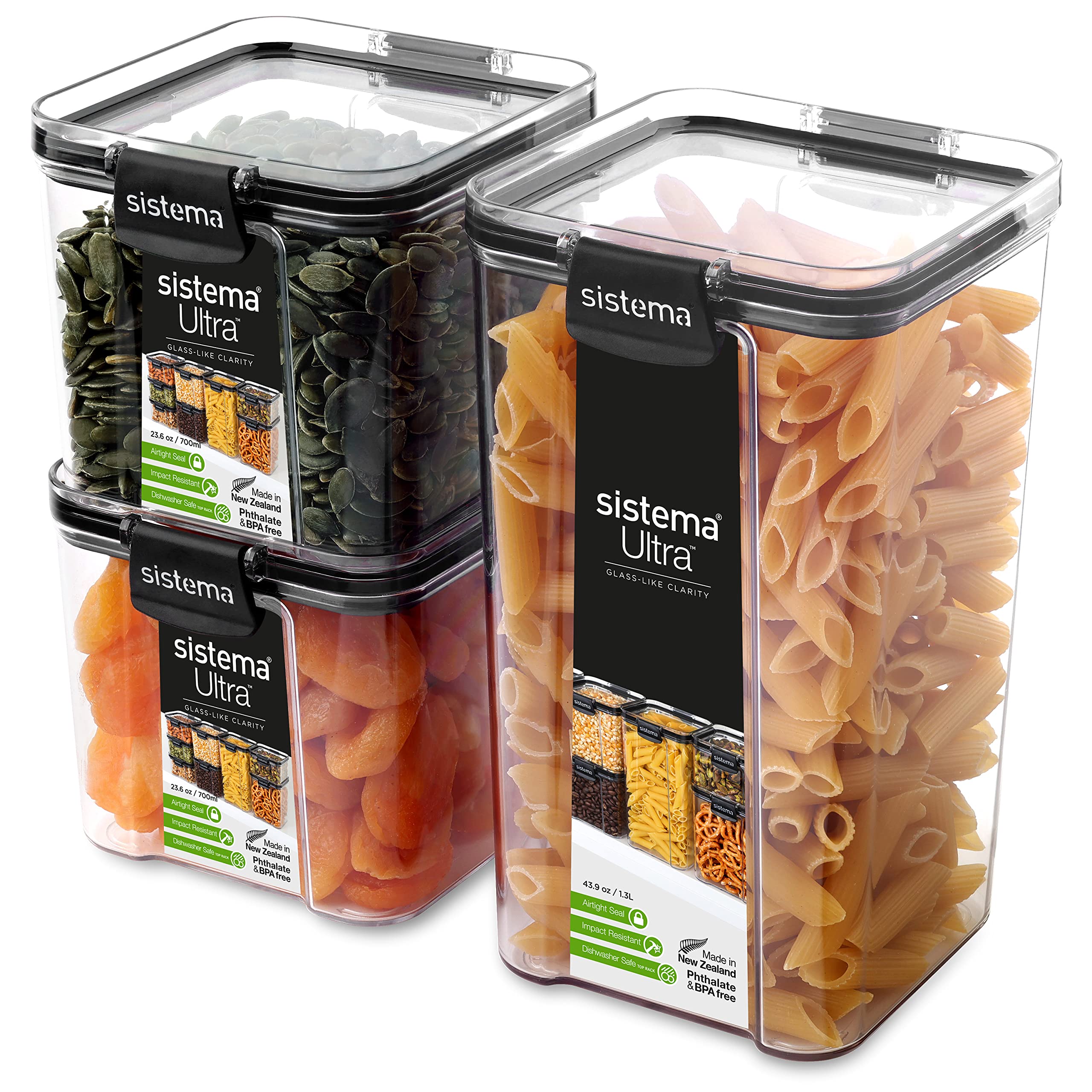 Sistema Airtight Food Storage Containers 3-Pack - Clear Stackable Kitchen & Pantry Organization Containers for Meal Prep, Leftovers & Dry Food Storage