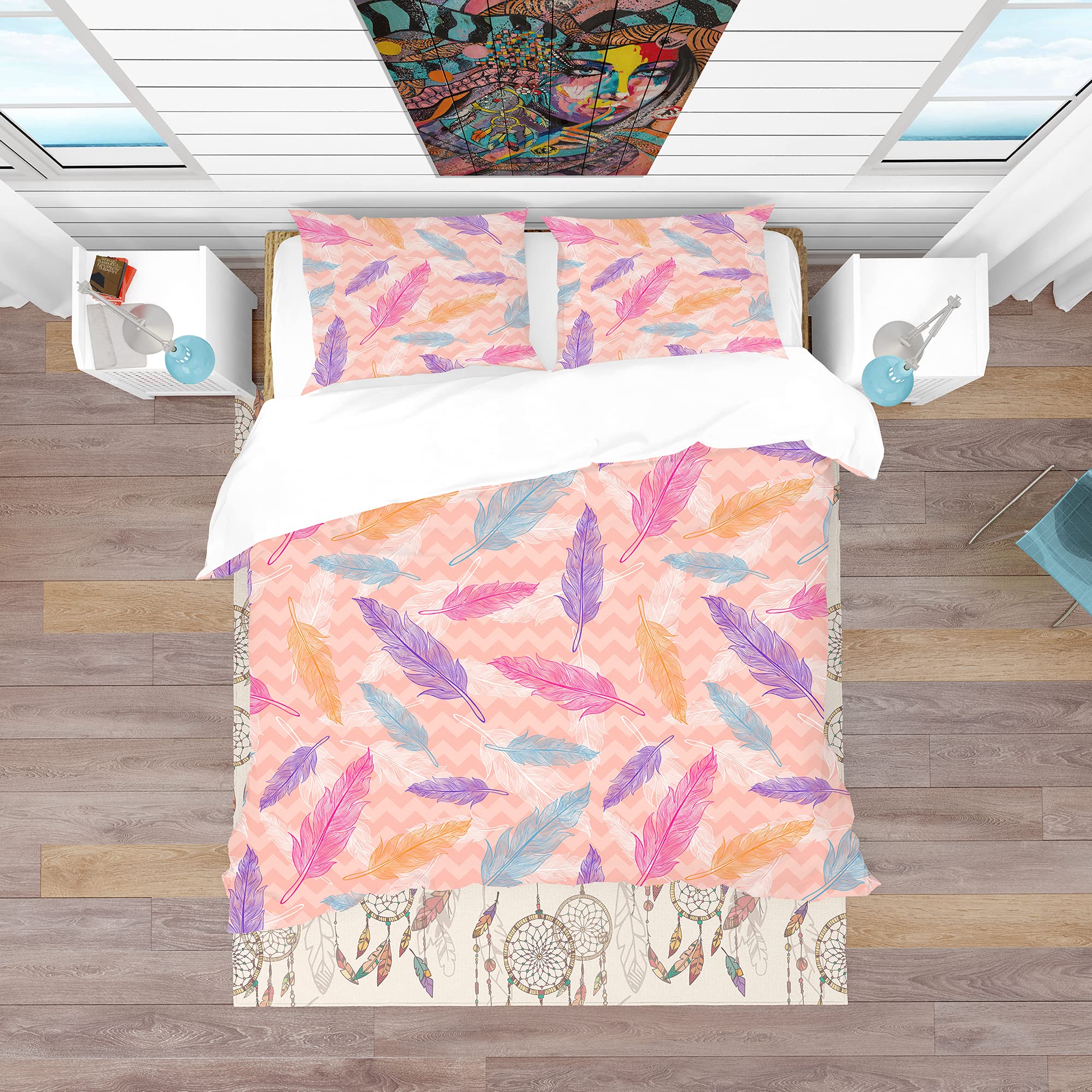 DesignQ Pink Abstract Feathers Duvet Cover Set King - 3 Piece Modern Contemporary Bedding, Soft & Breathable All Season Comforter Cover - Perfect for Master Bedroom, Guest Room & Cozy Home Decor