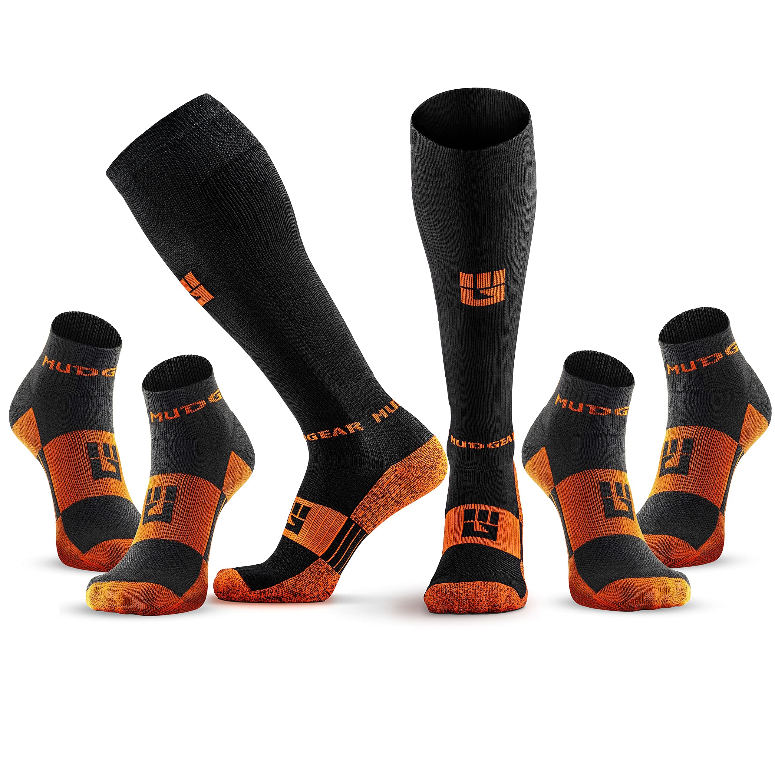 Premium Trail Running Socks Bundle - 1 Pair Tall Compression Socks + 2 Pairs Quarter Length Socks for Men & Women (Black/Orange, Large) - Perfect for Hiking, Marathon & Outdoor Sports