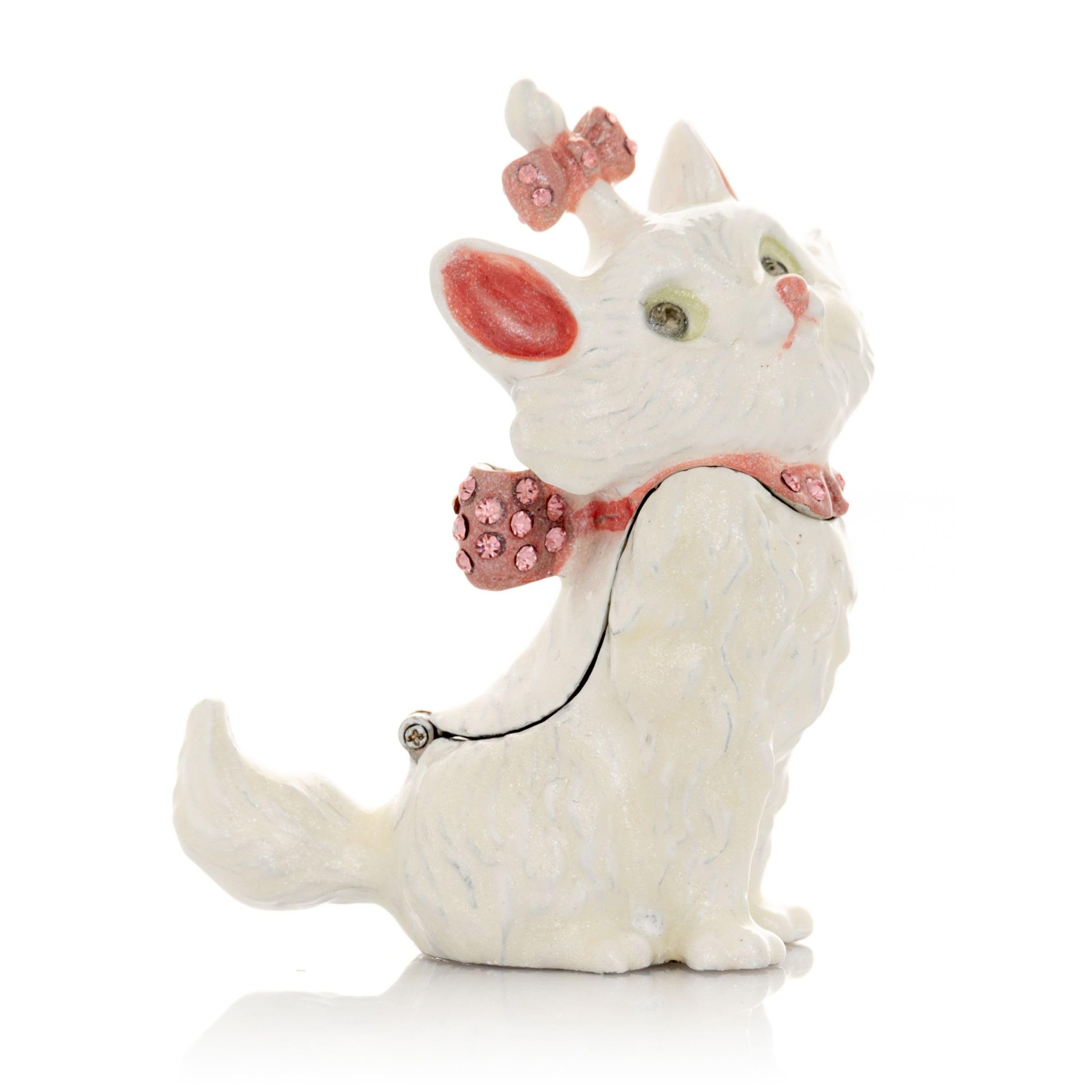 White & Pink Enamel Painted Faberge Style Cat Jewelry Trinket Box - Perfect for Home Decor, Gift Giving & Jewelry Storage