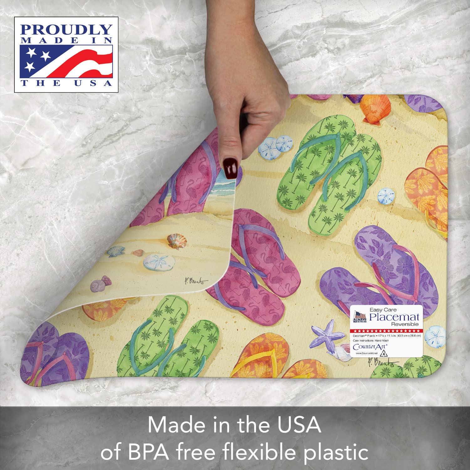 CounterArt Toes in The Sand 4 Pack Reversible Plastic Placemats - Durable, Easy-Clean & Flexible for Dining Table, Kitchen, Picnic & Outdoor Use