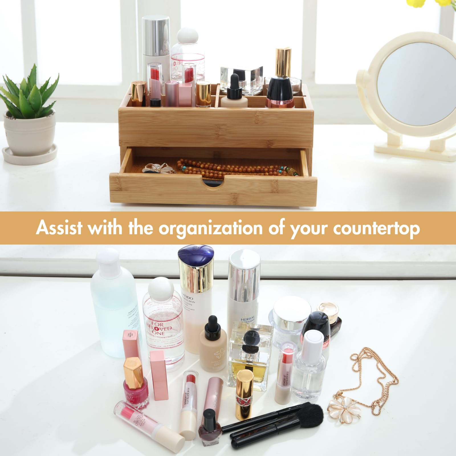 Bamboo Makeup Organizer with Drawer - Natural Wood Cosmetic Storage for Bathroom & Vanity