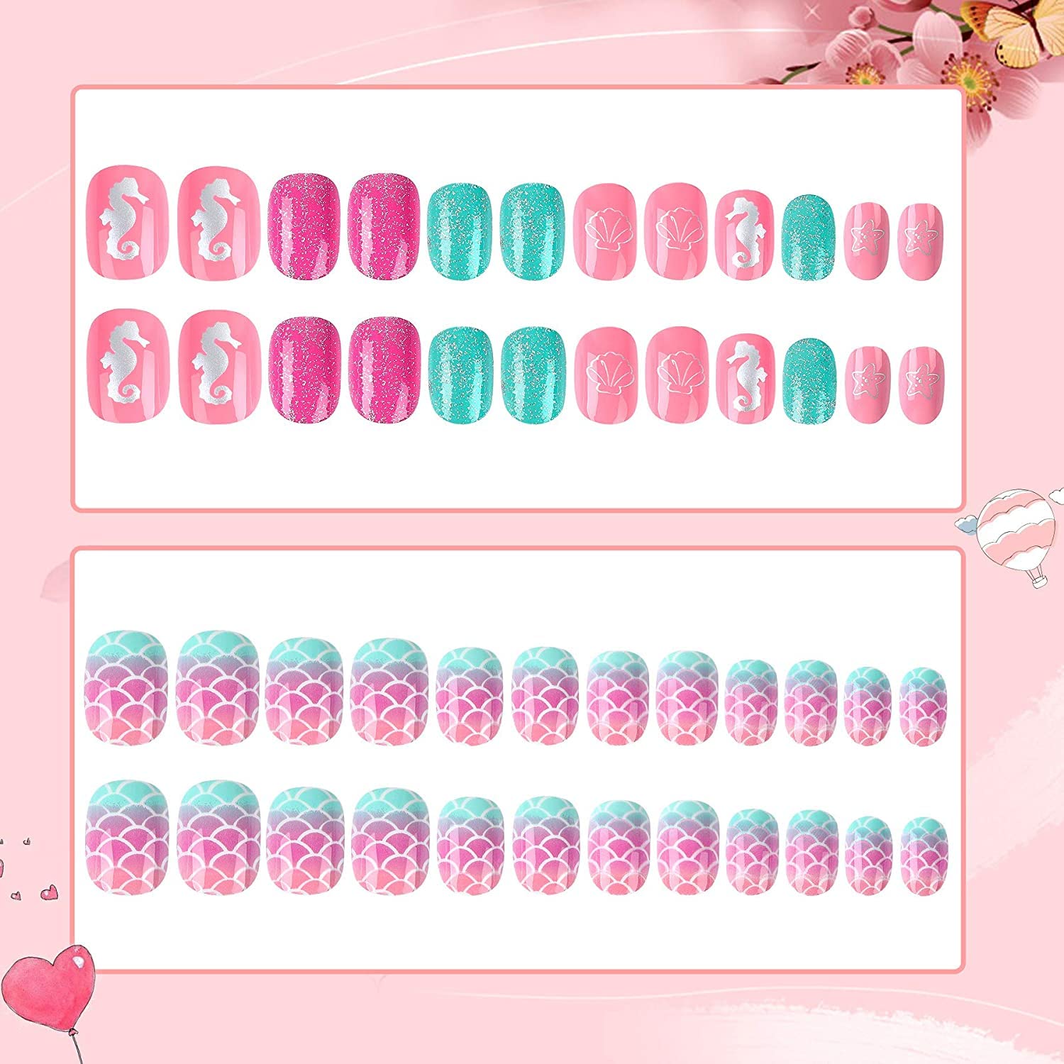 JANYUN 48 Pcs Short False Nails for Kids - Full Cover Stick on Nails for Little Girls, Non-Toxic Nail Art Gift Set - Perfect for Birthday Parties, Playdates & Dress-Up Fun