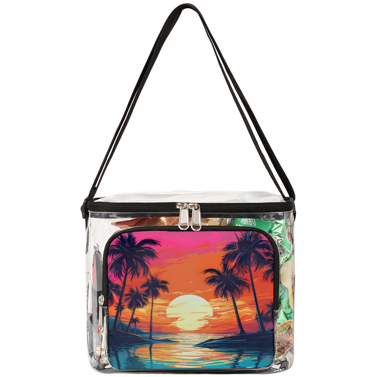 GzLeyigou Clear Transparent Beach Tote Bag with Handles - Waterproof Sunset Design with Coconut Palm Print - Perfect for Outdoor Travel, Picnic, Concerts & Sports Events - Stadium Approved Shoulder Bag for Women & Men