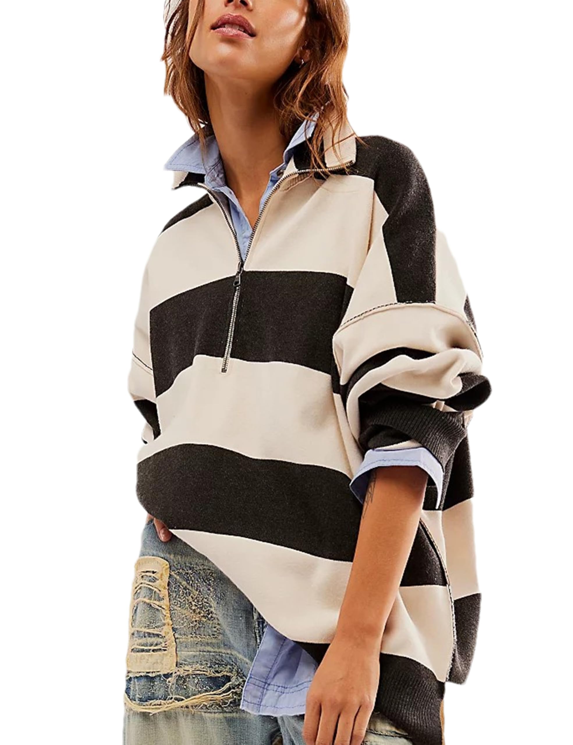 Women's Lightweight Quarter Zip Striped Oversized Knitted Pullover Sweater - Loose Fit Casual Sweater Top for Fall & Winter | Cozy Layering, Outdoor Activities, Office Wear