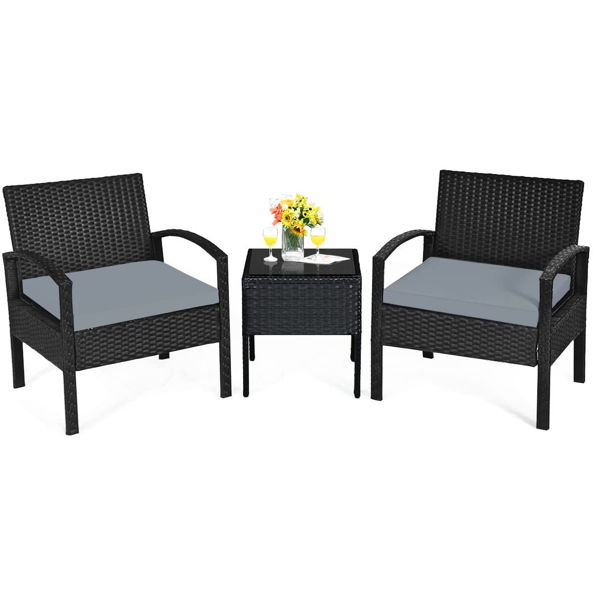 Tangkula 3-Piece Outdoor Patio Furniture Set - Grey Rattan Sofa with Cushions & Coffee Table - Weather-Resistant Wicker Conversation Set for Garden, Balcony, Backyard, Poolside (Perfect for Relaxing, Entertaining Guests & Outdoor Dining)