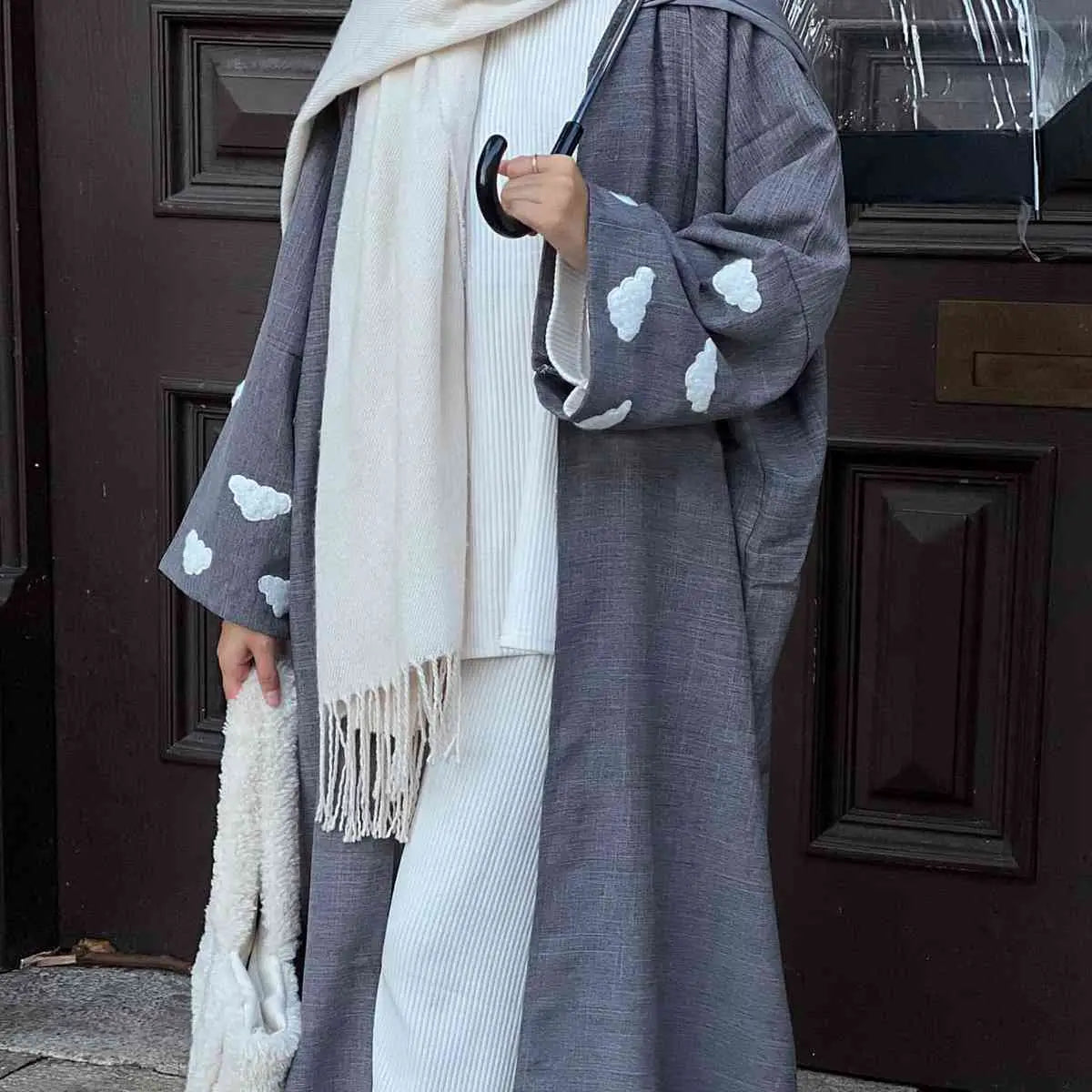 Elegant Cloud Embroidery Cardigan Open Abaya Dress - Boho Chic Muslim Women's Cover-Up for Prayer, Home & Special Occasions