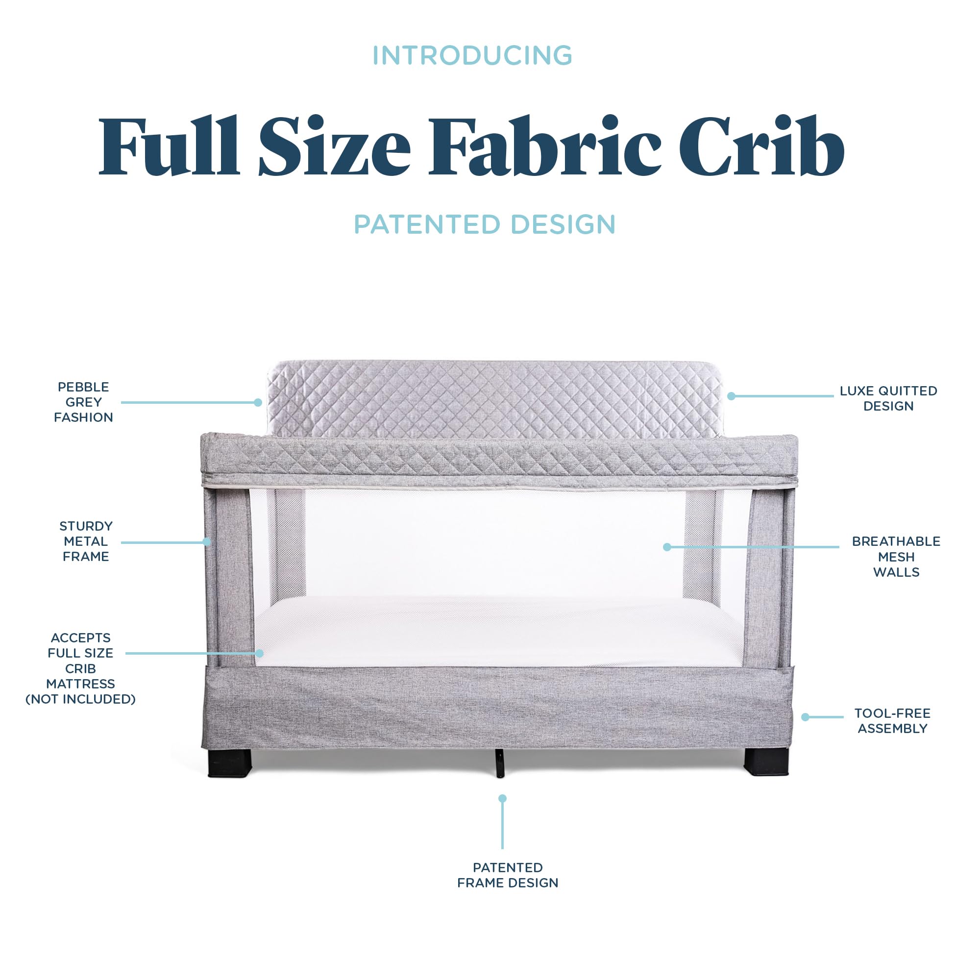 Baby Delight Horizon Full Size Crib with Breathable Mesh Walls - Tool-Free Assembly, Luxe Quilted Easy-Clean Fabric in Grey | Safe Nursery Bed for Newborns & Toddlers | Perfect for Daycare, Home Nursery & Travel