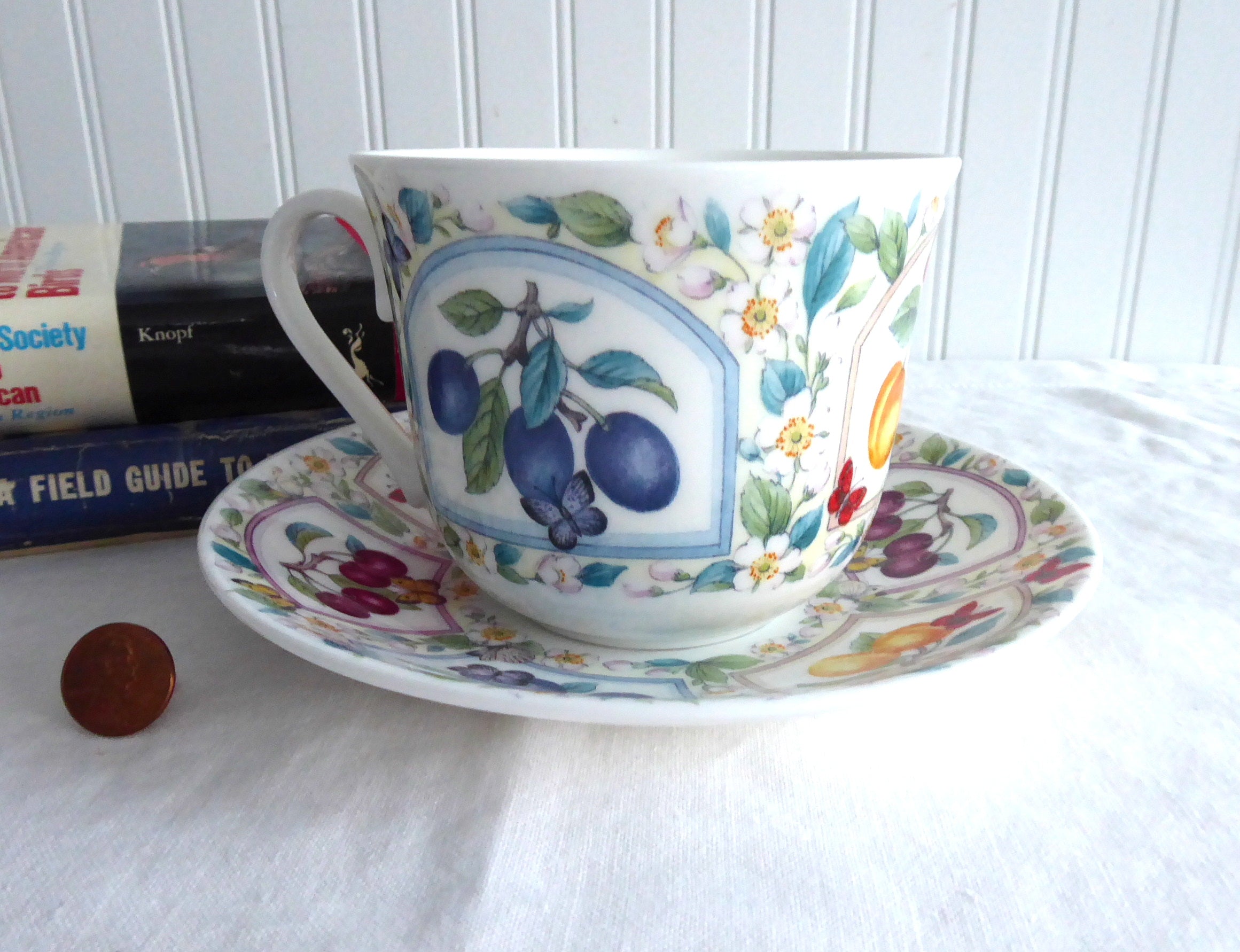 Roy Kirkham Bone China Breakfast Cup and Saucer Set with Prunus Fruit & Butterfly Design - Elegant Tea Set for Morning Coffee, Afternoon Tea, and English Breakfast (6.5 oz)