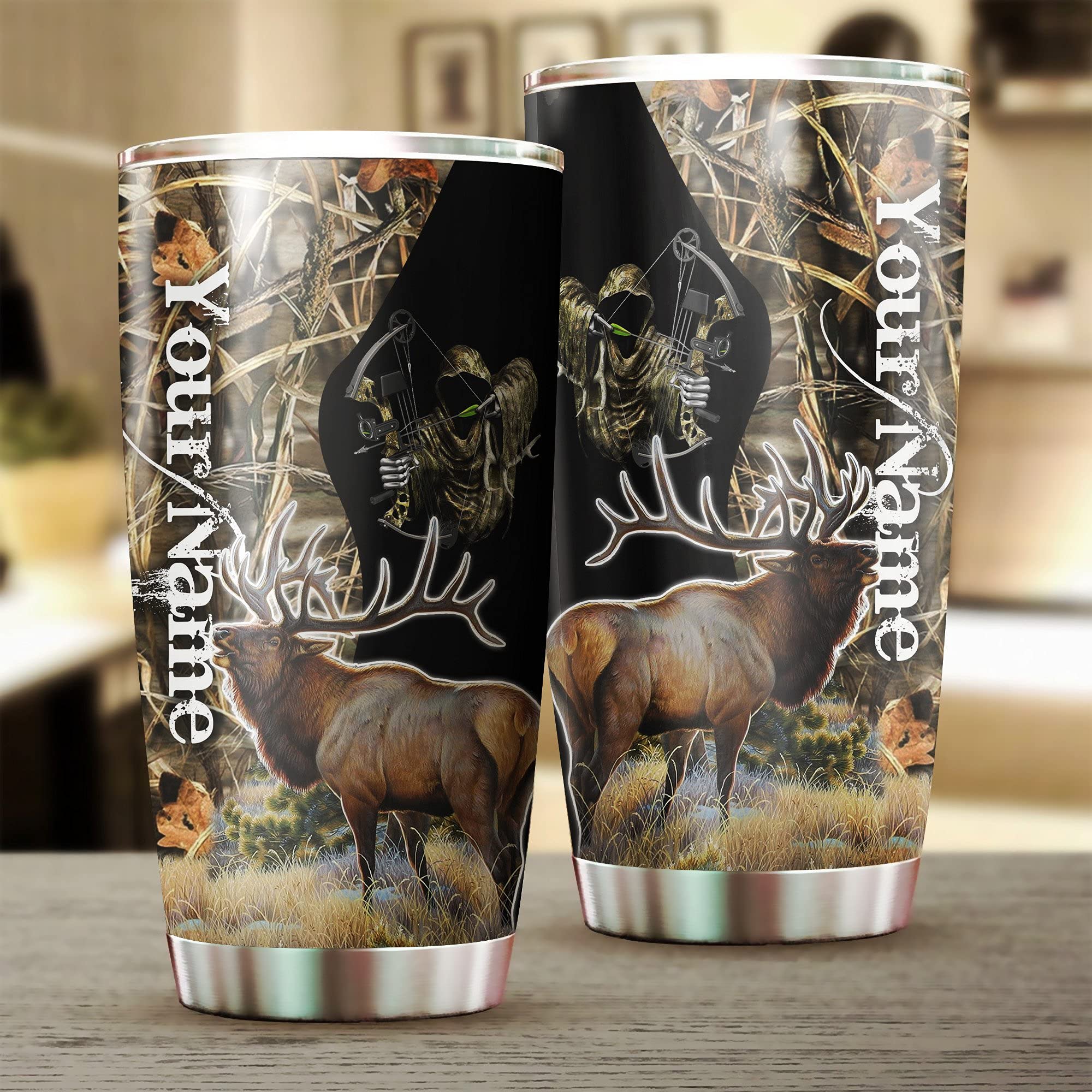 Personalized 20oz Stainless Steel Archery Elk Hunting Tumbler - Custom Name Big Bull Cup for Hunting Lovers, Men, Women & Kids - Perfect for Outdoor Adventures, Camping & Hunting Trips