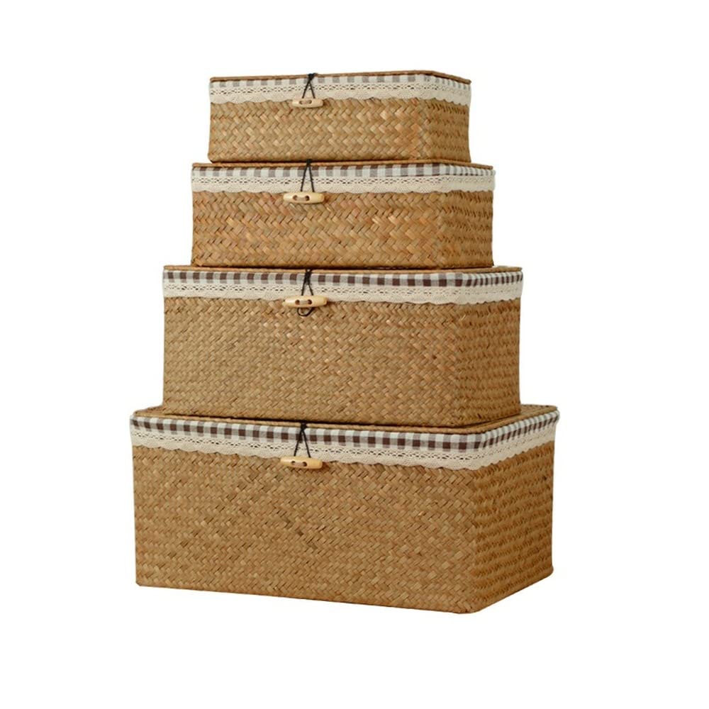 JIBIACB 4-Pack Seagrass Storage Baskets with Lids – Handwoven Rectangular Rattan-Style Organizer with Cotton Liner & Handles for Bedroom, Closet, Laundry Room – Home & Office Organization Storage Solution (Mix 4-Pack)