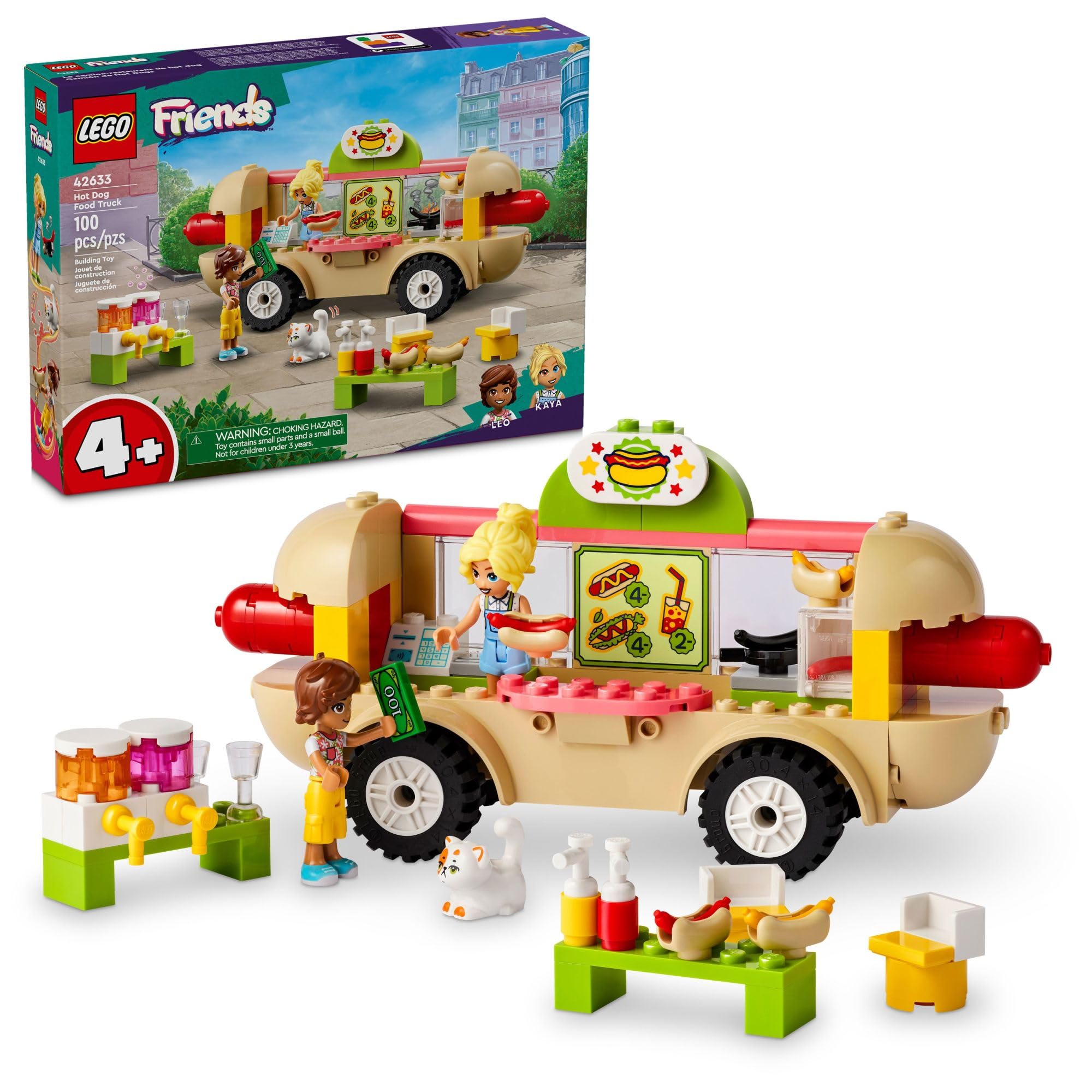 LEGO Friends Hot Dog Food Truck Toy Set with Mini Dolls & Cat Figure - Pretend Play Vehicle for Kids Ages 4+ (Model 42633) | Creative Building Kit for Girls & Boys | Birthday Gift Idea for Pretend Restaurant Play & Imaginative Fun