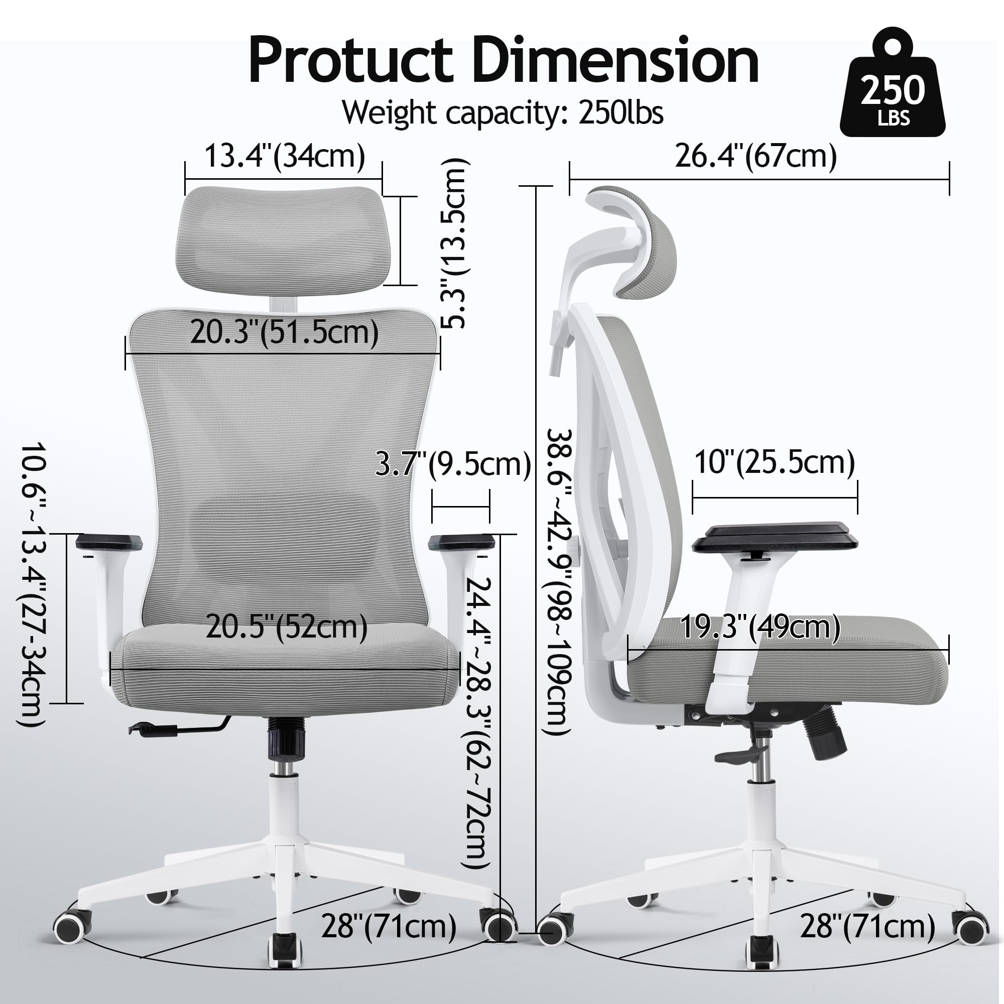 KERDOM Ergonomic Office Chair - Adjustable Mesh Back Executive Desk Chair with 3D Armrests, Lumbar Support & Headrest - Rolling Swivel Gaming Chair for Home Office (Light Gray) | Perfect for Long Work Hours, Gaming & Remote Work
