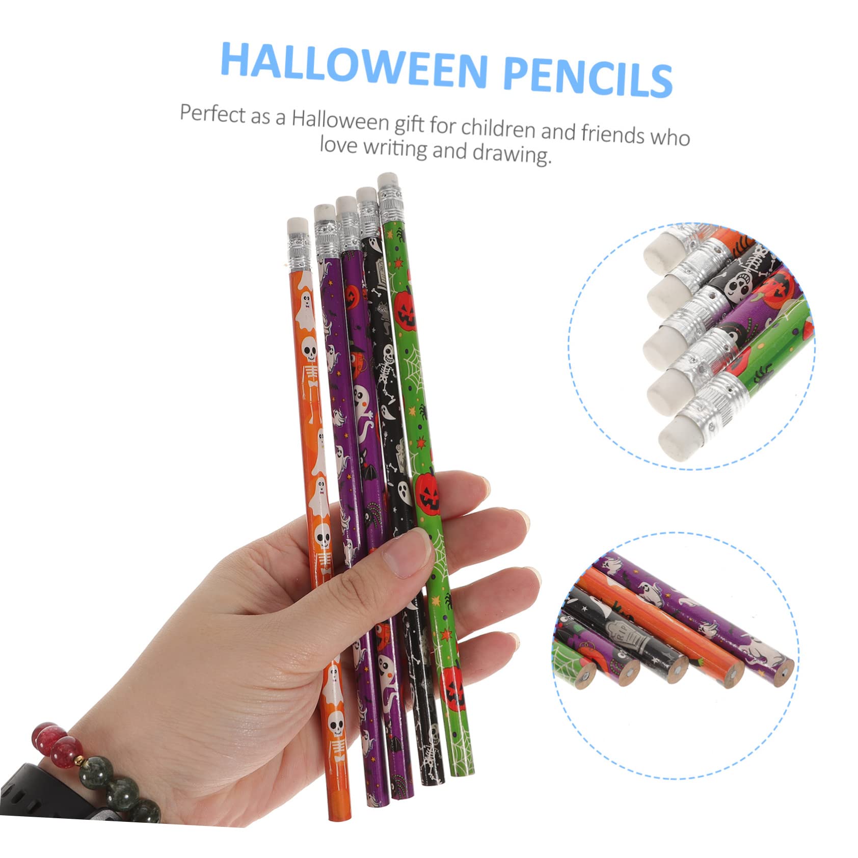 NUOBESTY 200 Pcs Halloween Pencil Erasers - Spooky Ghost Pumpkin Bat Wooden Pencil Toppers for Halloween Party Favors, Classroom Rewards, School Supplies & Trick or Treat Gifts