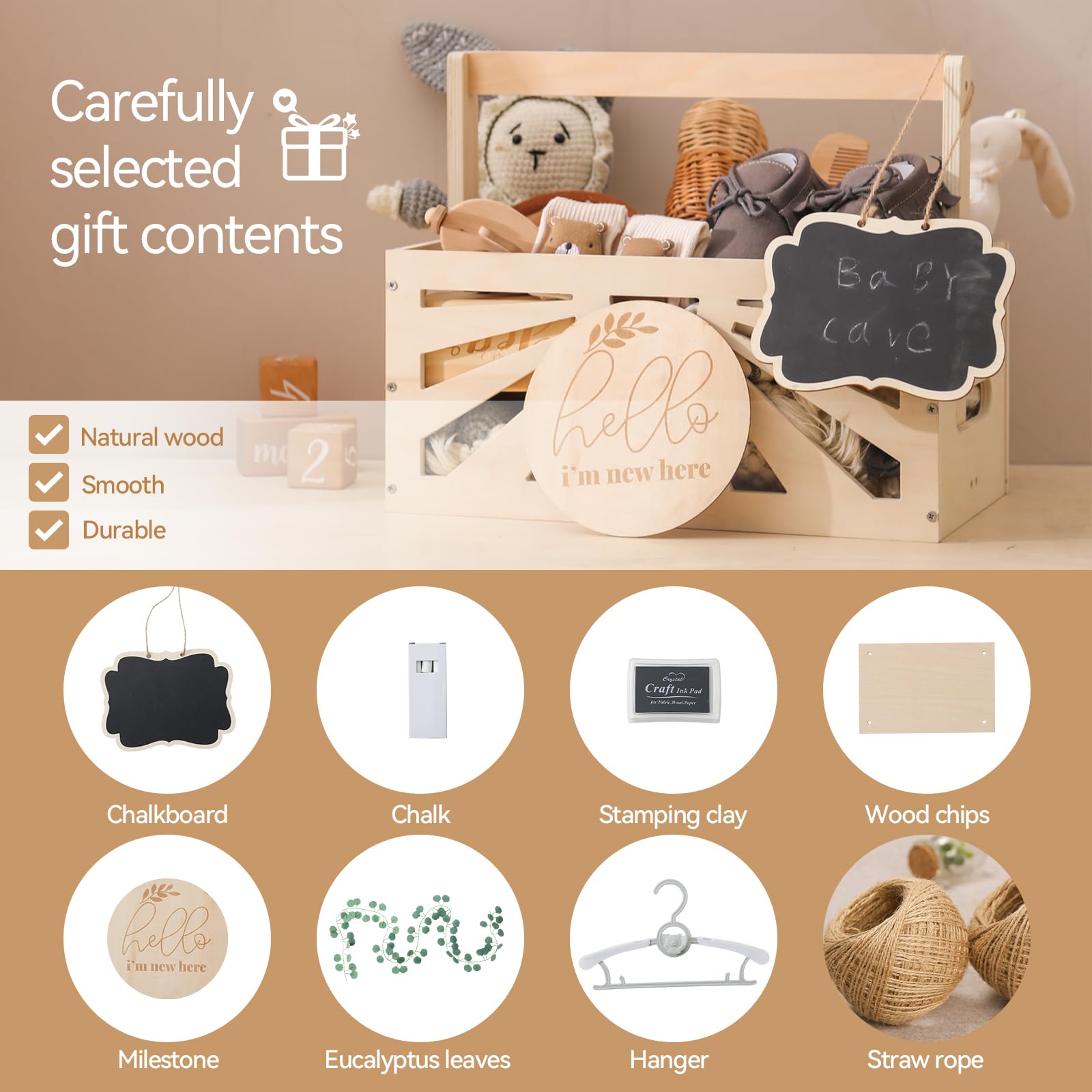 8-in-1 Wooden Baby Shower Gift Crate with Handle - Personalized Baby Basket, Footprint Kit & Storage Organizer for New Parents - Perfect for Baby Showers, Nursery Decor & Pregnancy Keepsakes