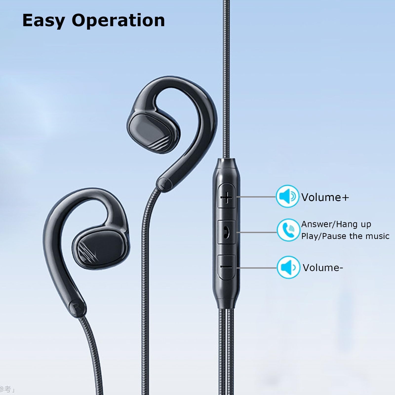 JINSERTA Open Ear Wired Earbuds with Microphone & Volume Control - 3.5mm AUX Headphones for iPhone, Android Phones, Tablets, PC - Lightweight Stereo Headset with Secure Ear Hook for Running, Cycling, Workouts & Gym (Black)