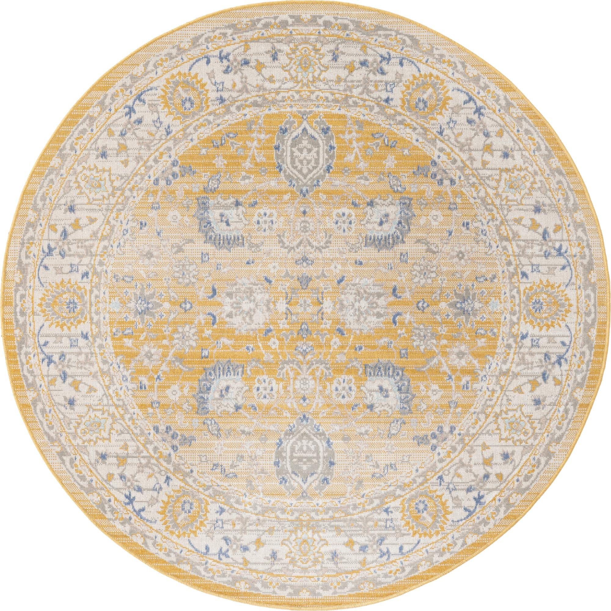 Unique Loom Whitney Collection Traditional Border Round Area Rug 5' x 5' - Tuscan Yellow | Non-Slip Living Room Rug for Bedroom, Dining Room & Home Decor