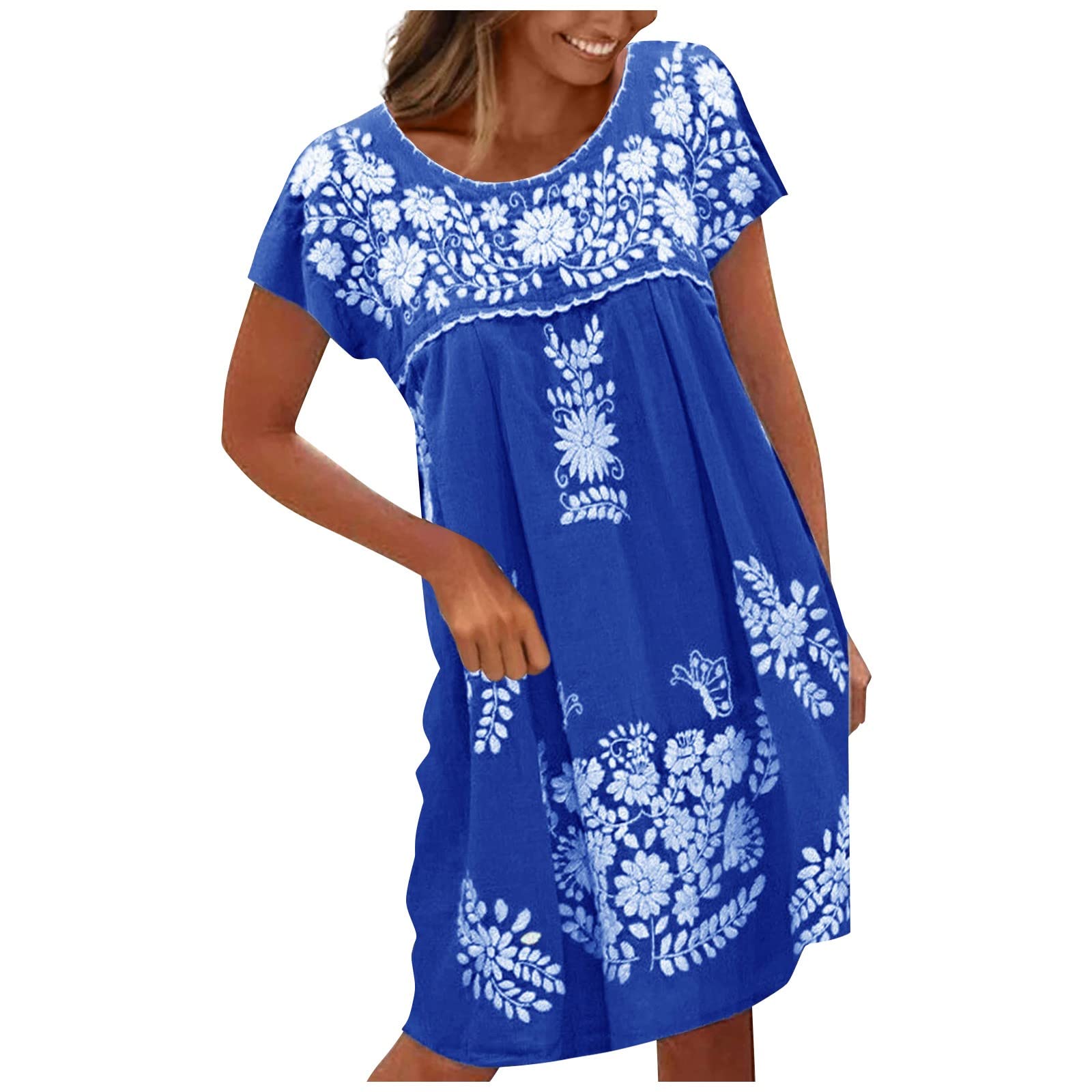 **Women's Floral Print Spring Dresses - Plus Size Flowy O-Neck Short Sleeve Casual Dress for Outdoors, Picnics & Summer Vacations**