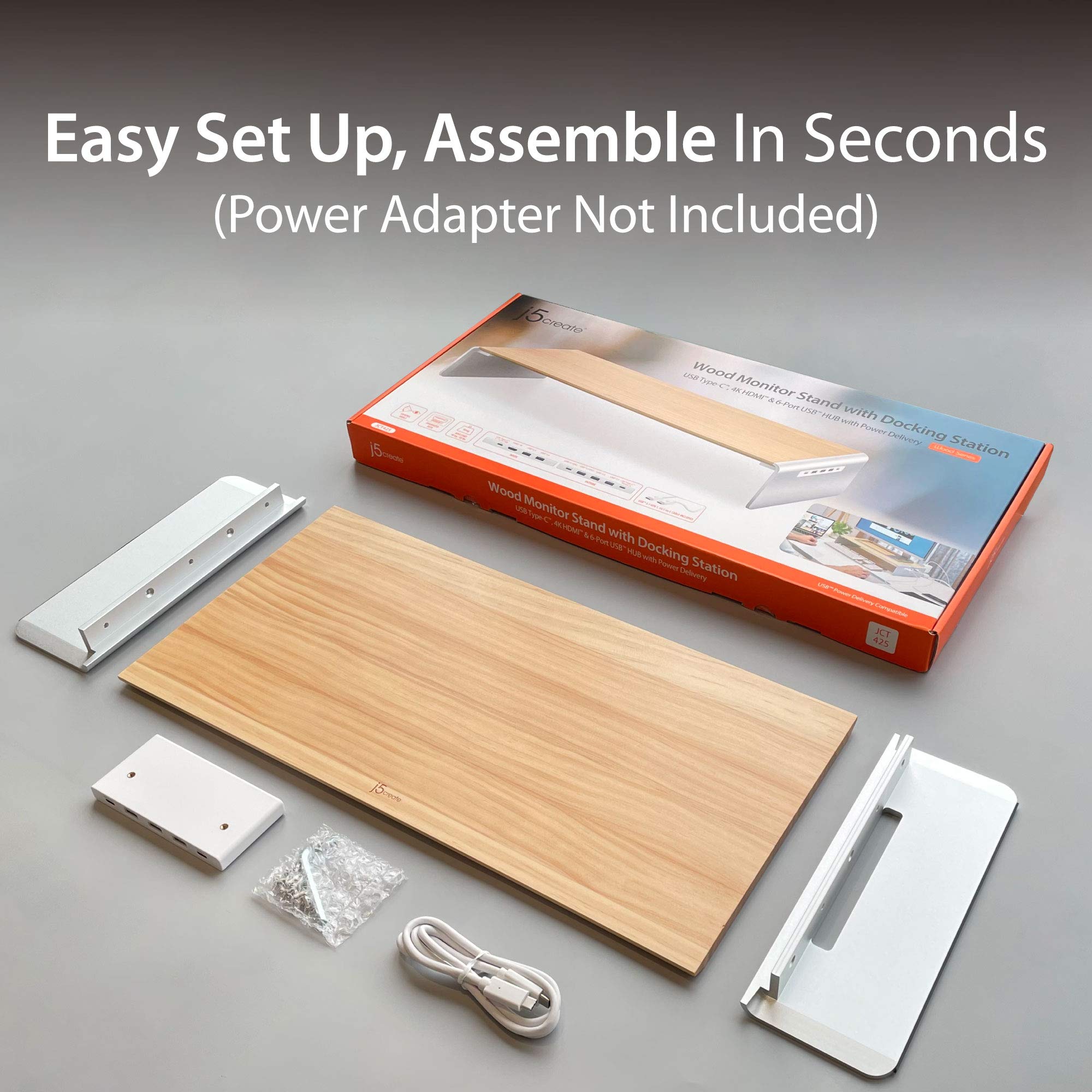 J5Create Premium Wooden Monitor Stand with USB-C/HDMI Docking Station - Includes USB 3.1 C to C Cable - Handcrafted Wood & Aluminum Riser for Computer Monitors, Laptops & TVs - Perfect for Home Office, Gaming & Workspace Setup