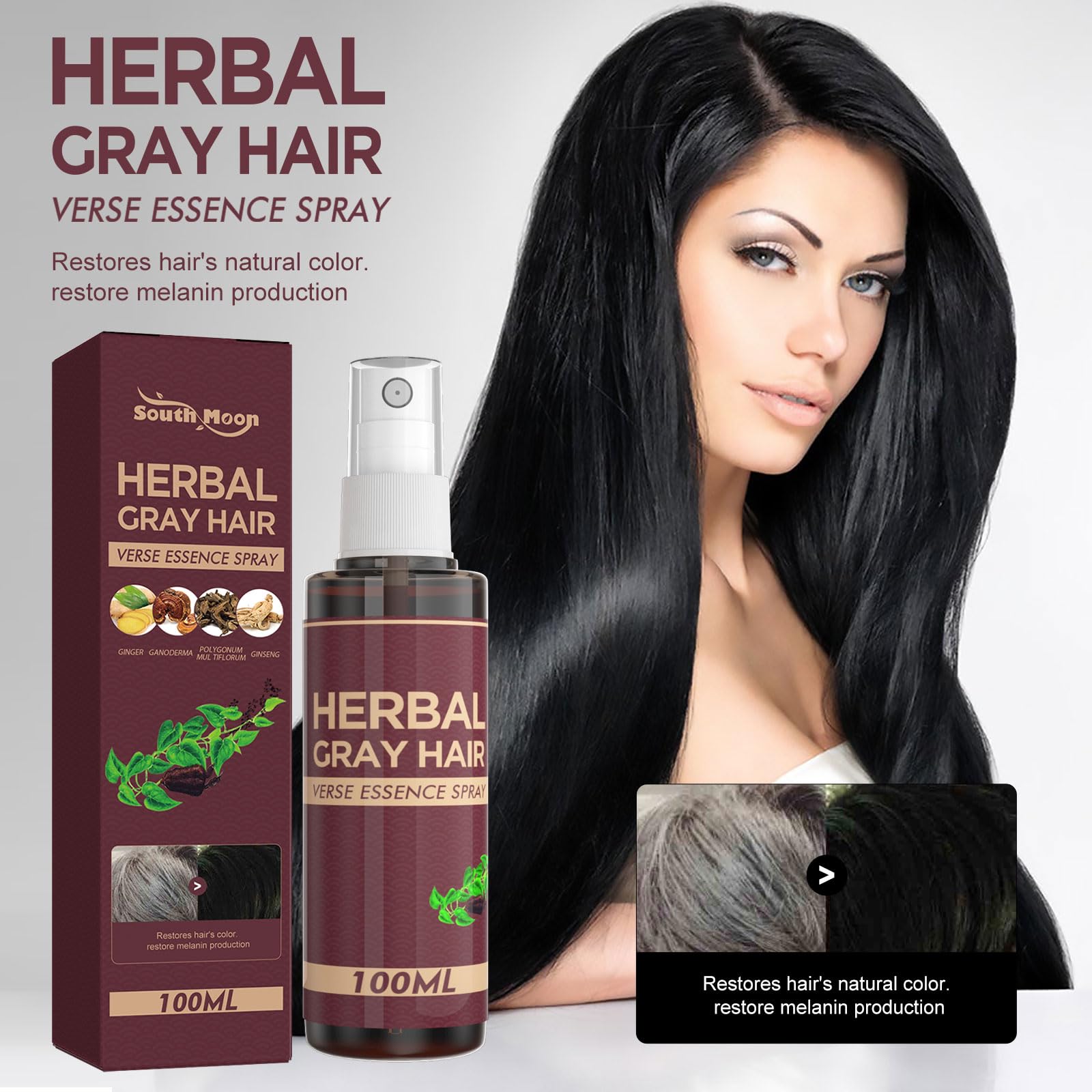 Natural Herbal Gray Hair Reversal Conditioner & Coloring Essence Spray - Darken Hair, Reverse Grey Hair for Men & Women - Perfect for Daily Use & Salon Styling