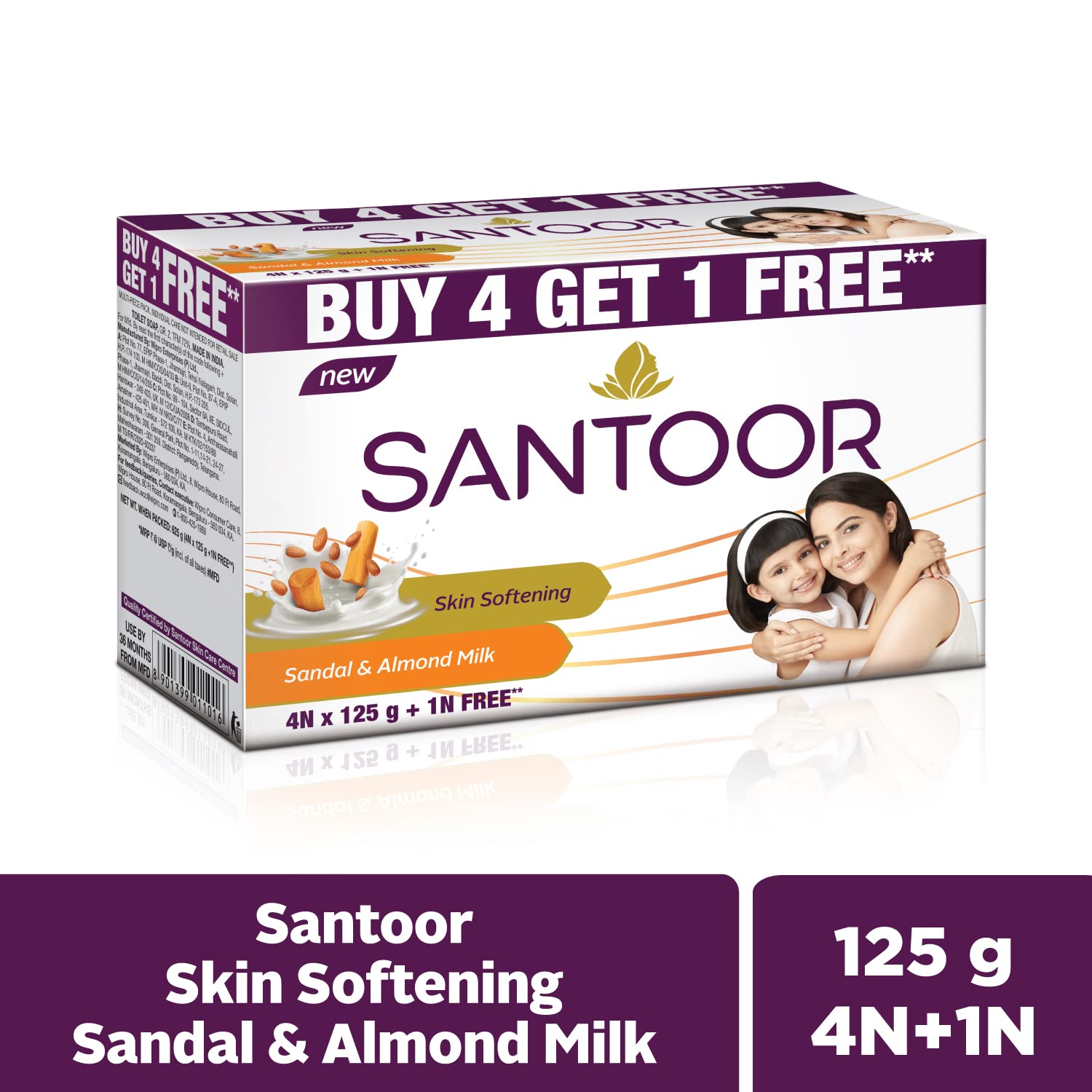Santoor Sandal and Almond Milk Soap - Moisturizing & Exfoliating Bar (Pack of 2, 125g Each) | Buy 4 Get 1 Free | Perfect for Dry Skin & Daily Body Cleansing