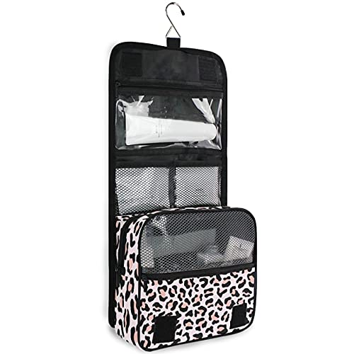 Rose Pink Leopard Print Hanging Toiletry Bag - Waterproof Travel Makeup Organizer with Clear Pockets for Cosmetics & Toiletries | Perfect for Camping, Gym, Business Trips & Vacation Essentials