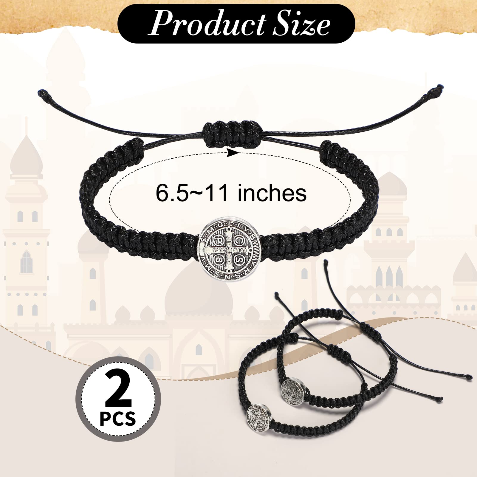 Fumete 2 Pack Adjustable Catholic Saint Benedict Medal Bracelets - Religious Gifts for Men & Women - Perfect for Birthday, Baptism, Confirmation & Holiday Gifts - Inspirational Jewelry for Faith & Protection