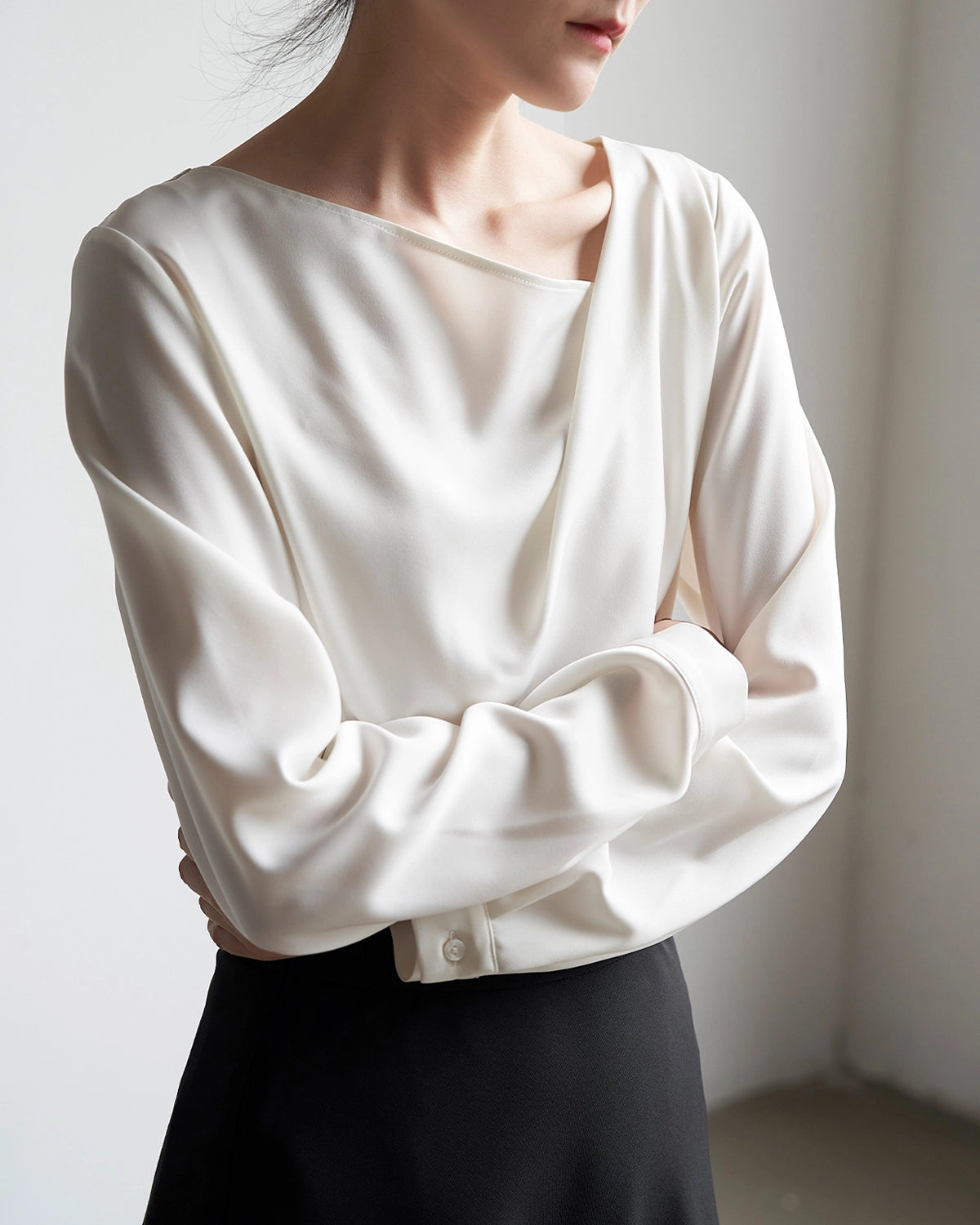 Elegant Women's Asymmetrical Neck Silk Blouse - Soft & Luxurious Satin Shirt for Work, Party & Special Occasions