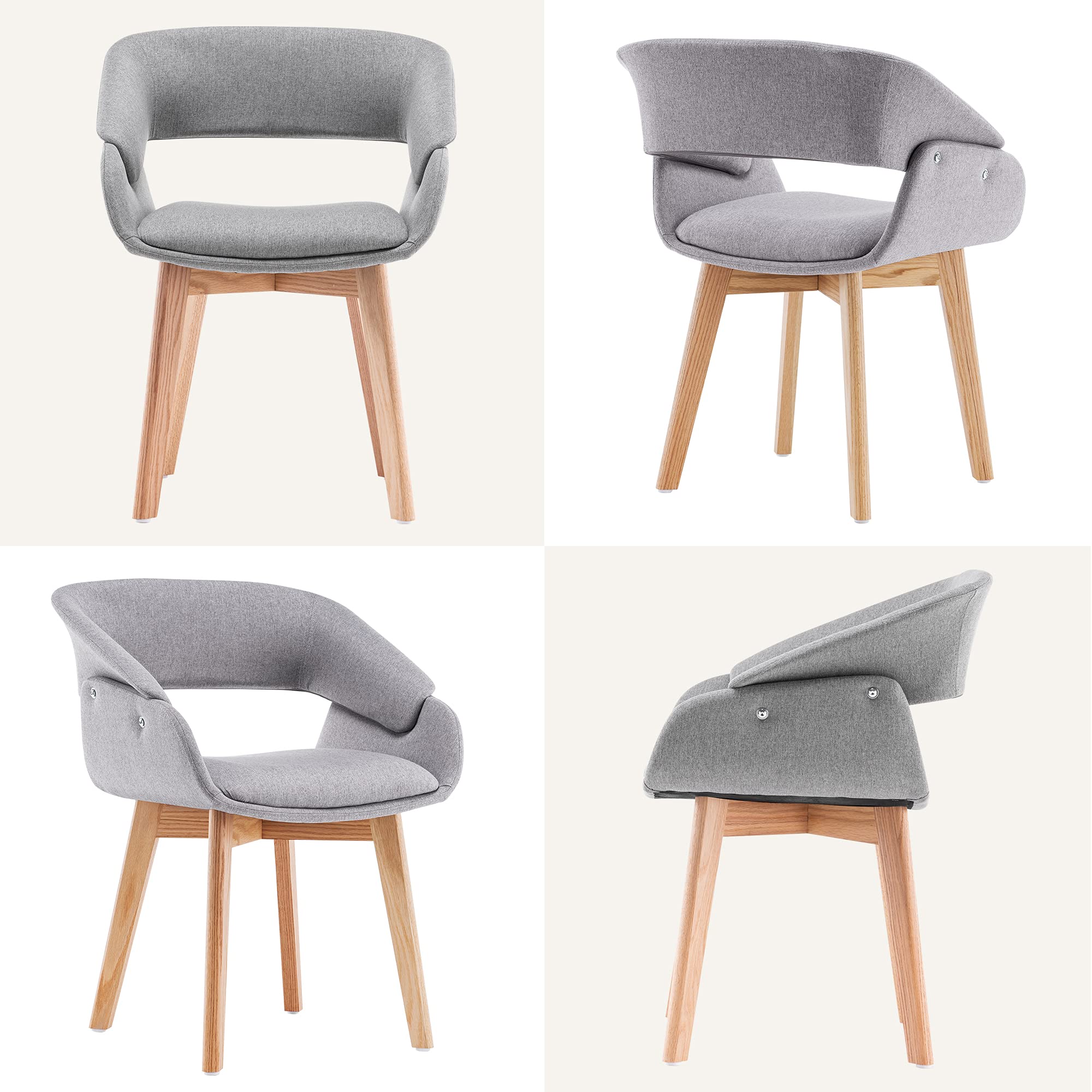 Modern Mid-Century Accent Arm Chairs Set of 2 - Linen Upholstered Dining Room Chairs with Solid Wood Legs & Cushions (Grey) - Perfect for Living Room, Dining Area, Guest Seating & Lounge Decor