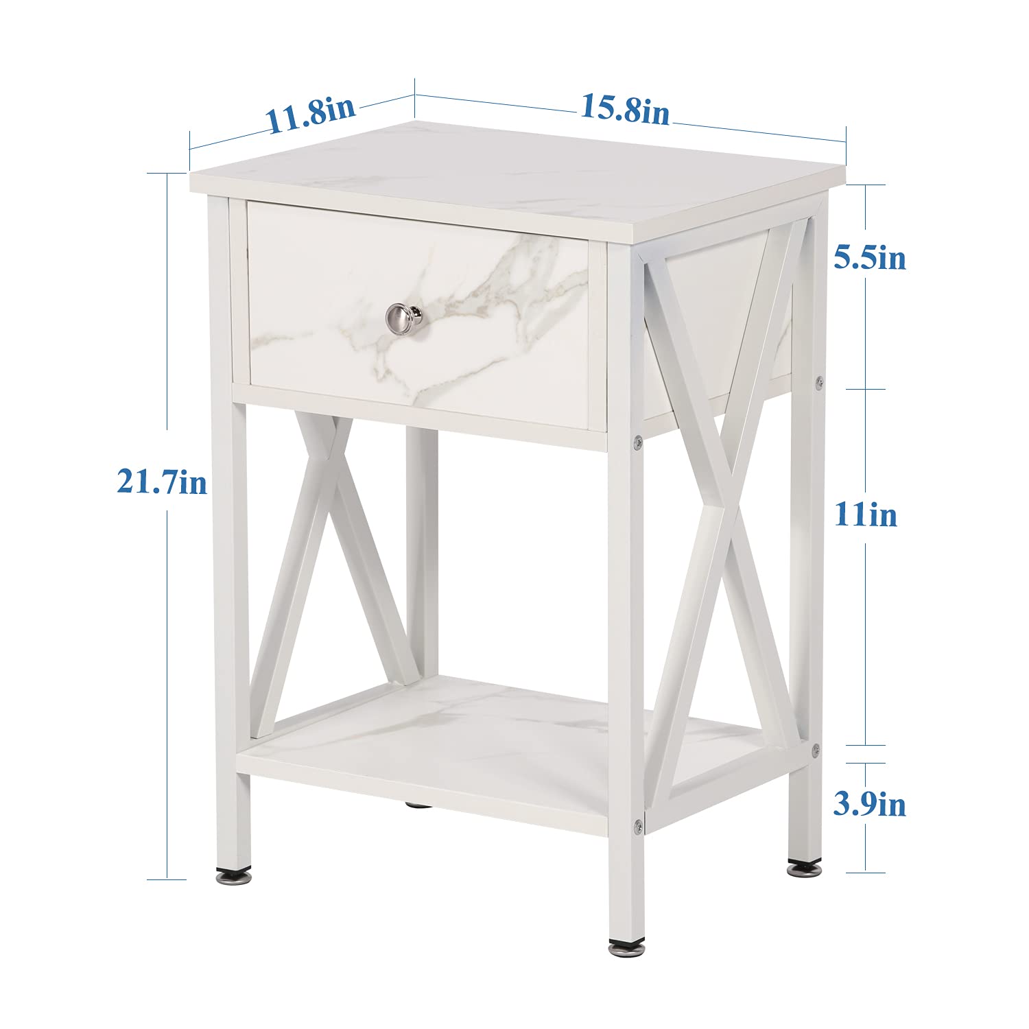 VECELO Modern Nightstand with Storage Drawer & Shelf - X-Design End Table for Bedroom & Living Room - White - Perfect for Small Spaces, Apartment Essentials & Home Organization