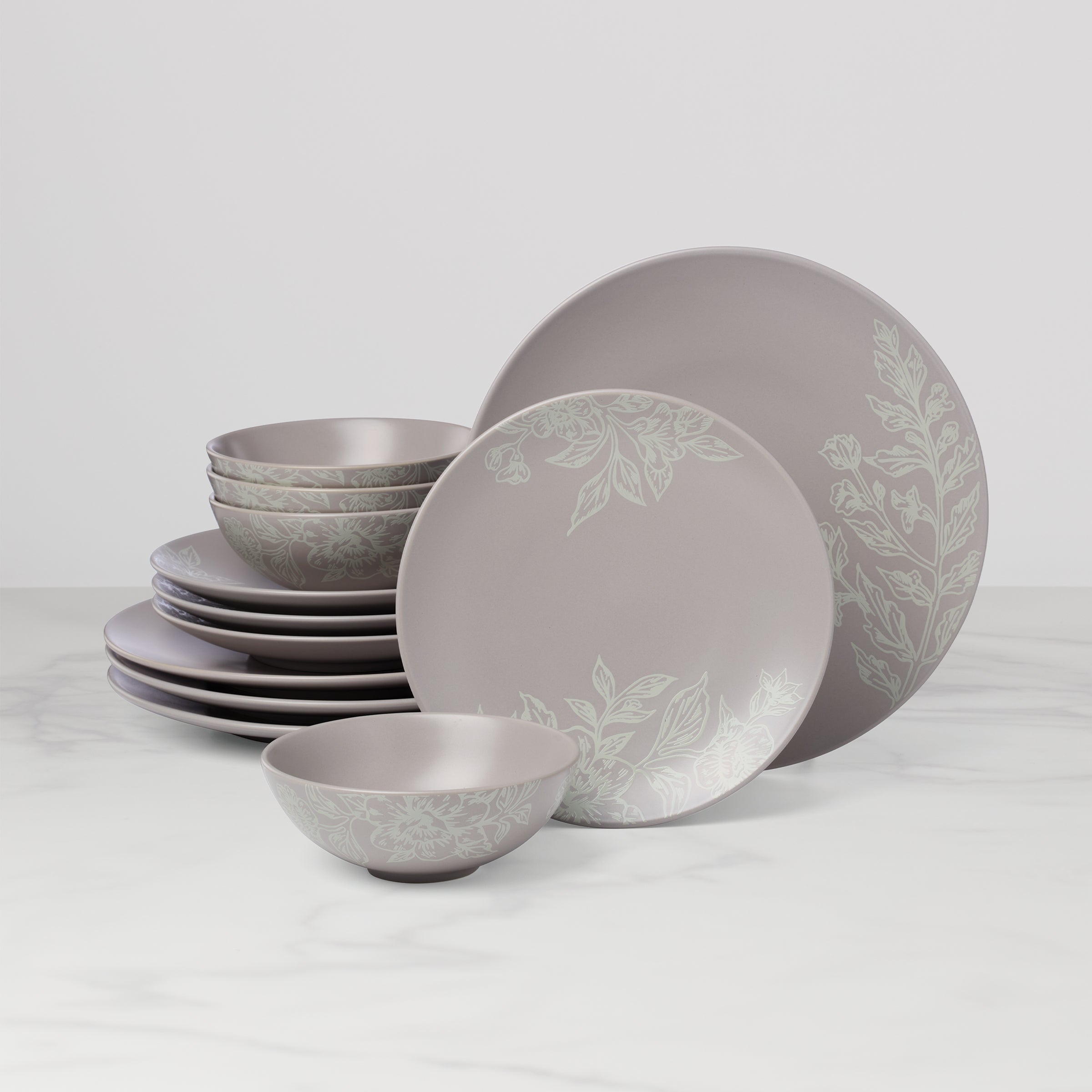 Roseto Pumice 12-Piece Stoneware Dinnerware Set - Elegant Porcelain Plates, Bowls & Mugs for Everyday Dining, Entertaining & Restaurant Use