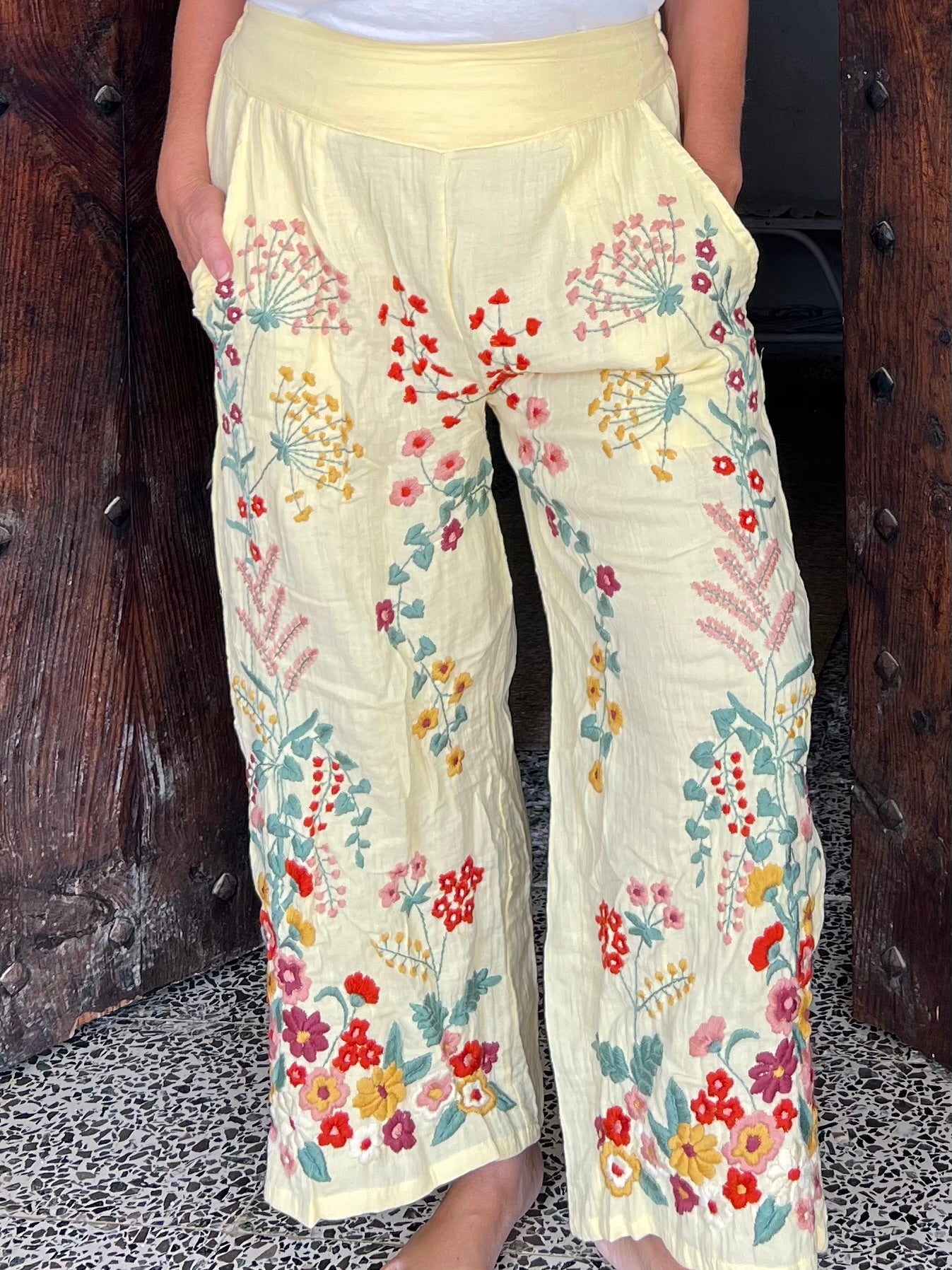 Boho Floral Embroidered Pants for Women - Handmade Chiang Mai Style Cotton Trousers - Perfect for Yoga, Beach, and Festival Outfits
