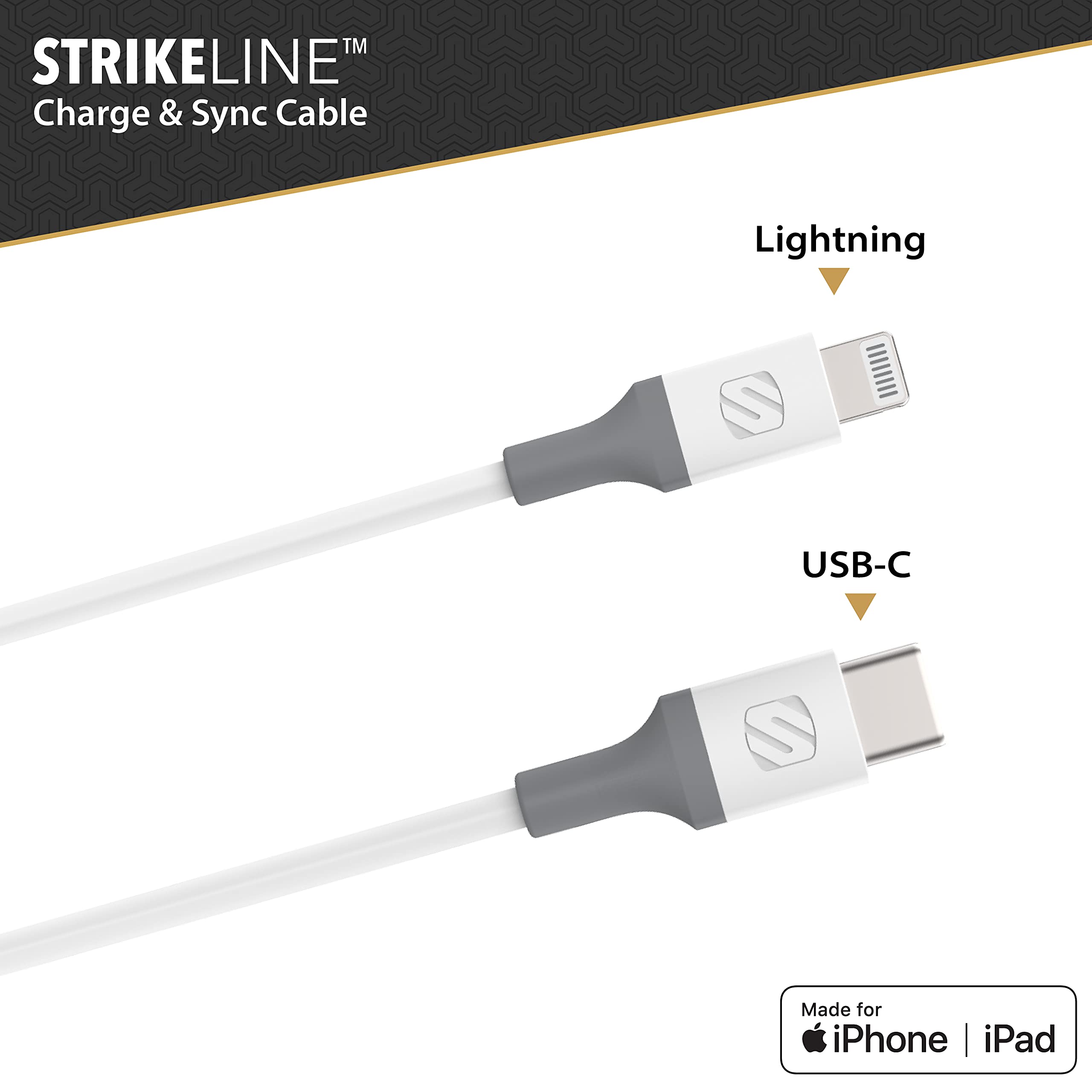 Scosche Ci44WG-SP Strikeline MFI Certified Lightning Charger & Sync Cable 4ft - Fast Charging Cable for iPhone 14/13/12/11/X/8 & More - Durable White/Gray Cable for Home, Office & Travel