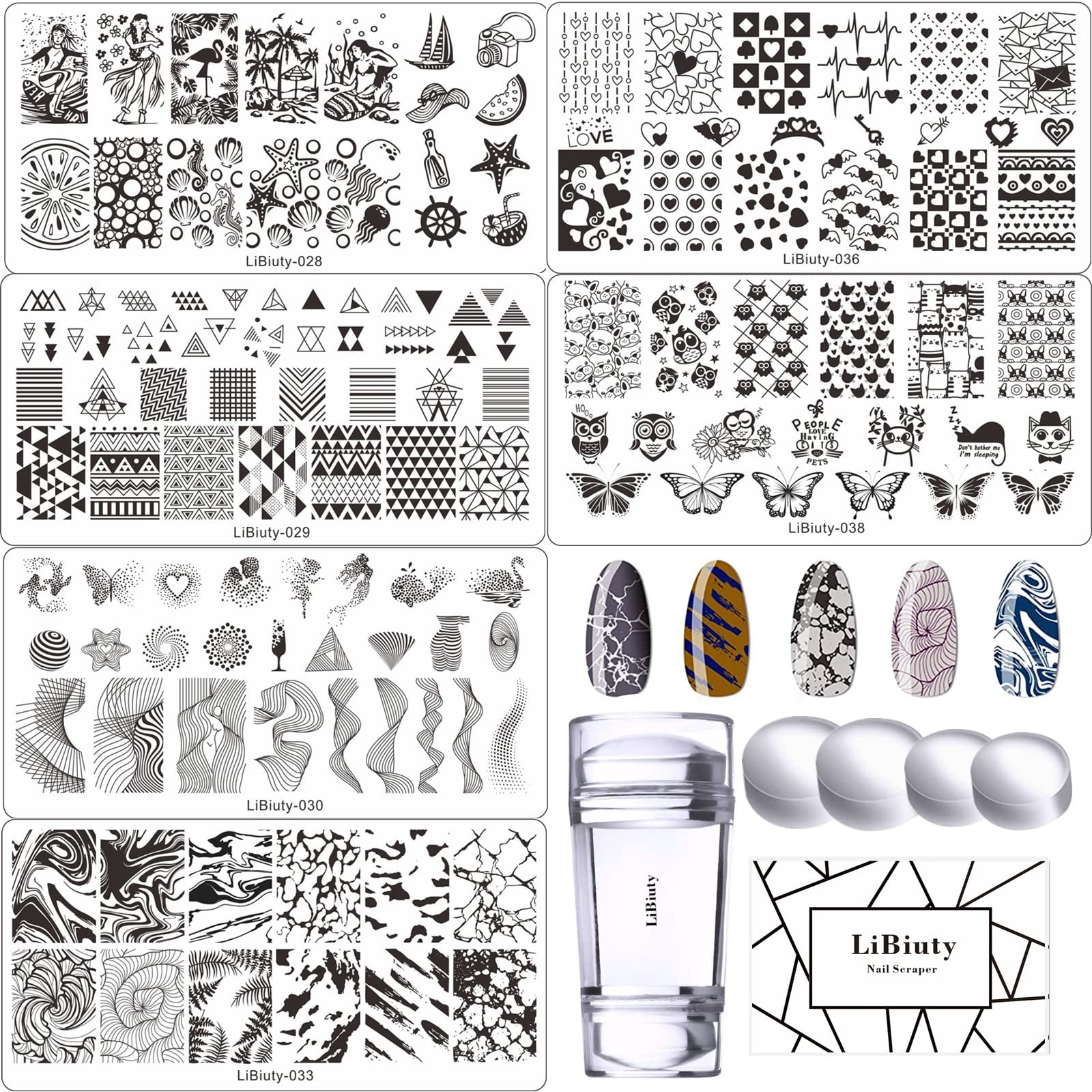 6-Piece Nail Art Stamping Plates Set with Stamper & Scraper - Floral & Geometric Nail Design Templates for Salon & DIY Manicures - Professional Nail Image Stamp Plates for Creative Nail Art Designs at Home or Professional Use