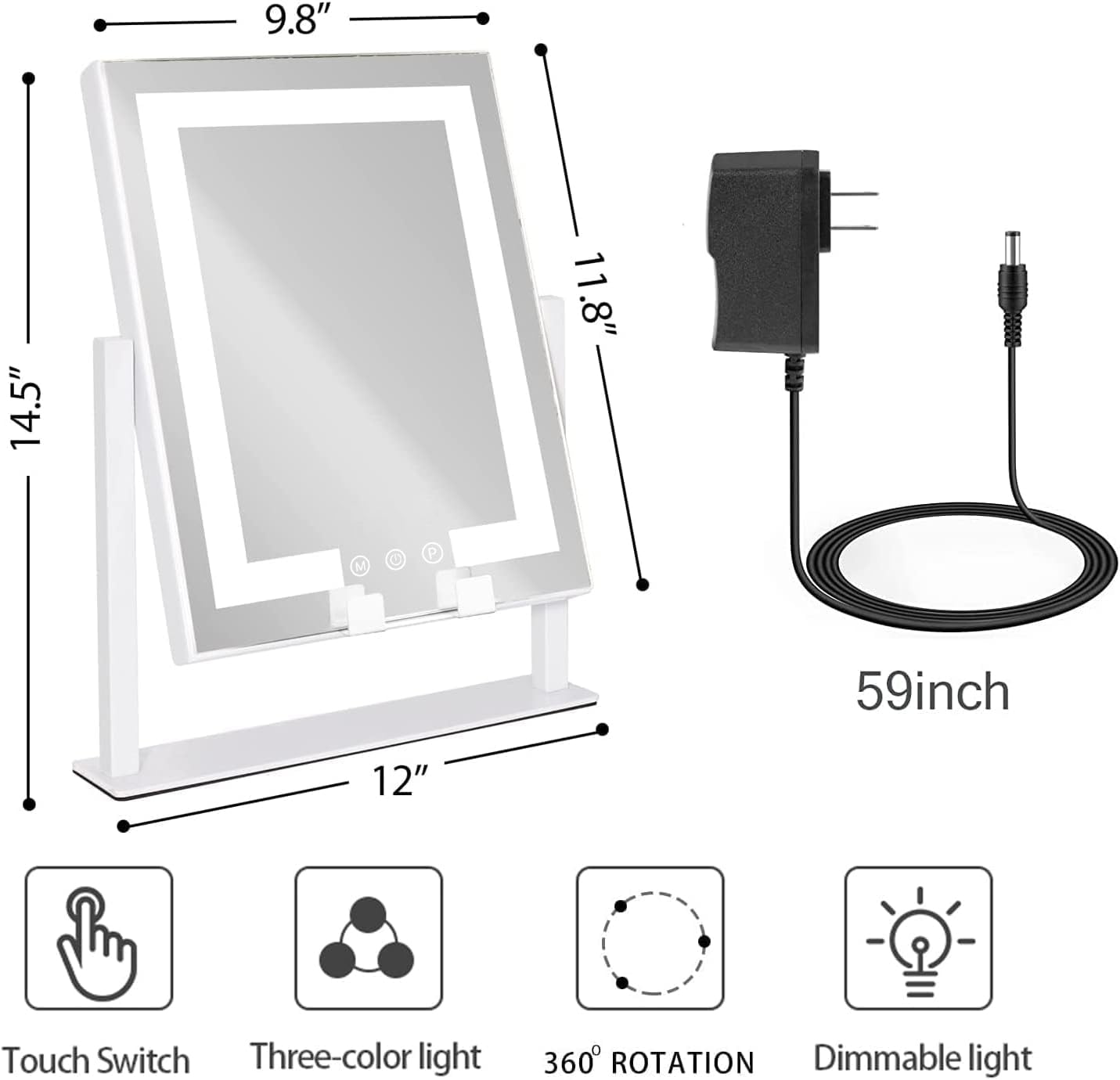 KOTTOVA LED Makeup Mirror with Lights & Phone Holder - 3 Color Modes, Touch Control, 10X Magnifying Mirror - Perfect for Vanity, Dressing Room & Professional Makeup Artists (White Metal Frame)
