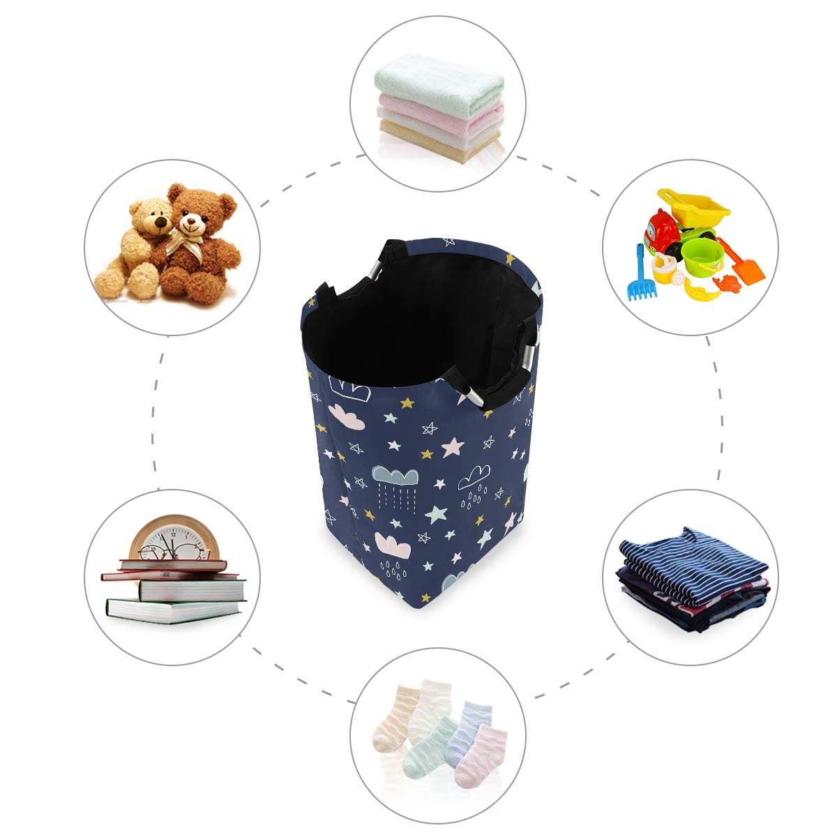 Vikko Foldable Kids Laundry Basket - Cute Star Cloud Moon Design, Blue Clothes Hamper Organizer for Toys, Books & Bedroom Storage | Perfect for Nursery, Playroom & Dorm Organization