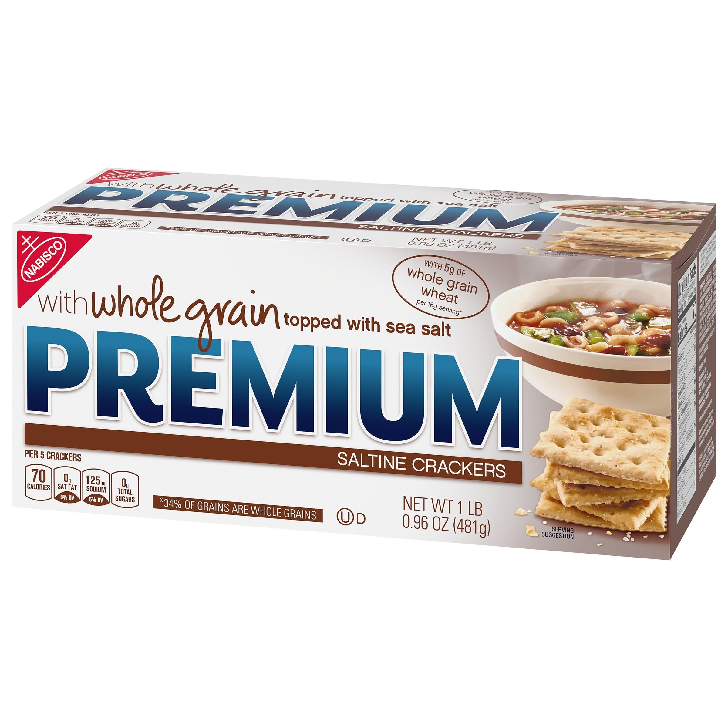 Premium Whole Grain Wheat Saltine Crackers - 1.06 lb Box, Healthy Lunch Snacks & On-The-Go Treats for Office, School, or Road Trips
