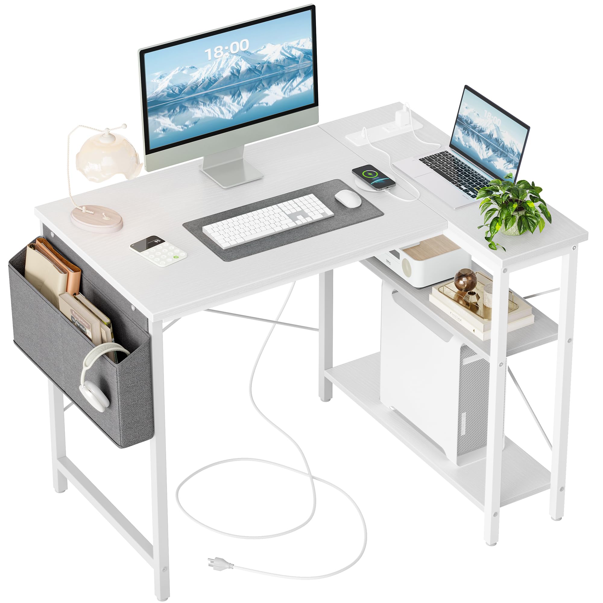 TIQLAB 40 Inch L-Shaped Computer Desk with Power Outlets & Reversible Shelves - Compact Corner Gaming Desk, Study Writing Workstation for Home Office, Bedroom & Small Spaces - White (Perfect for Remote Work, Online Classes & Gaming Setups)