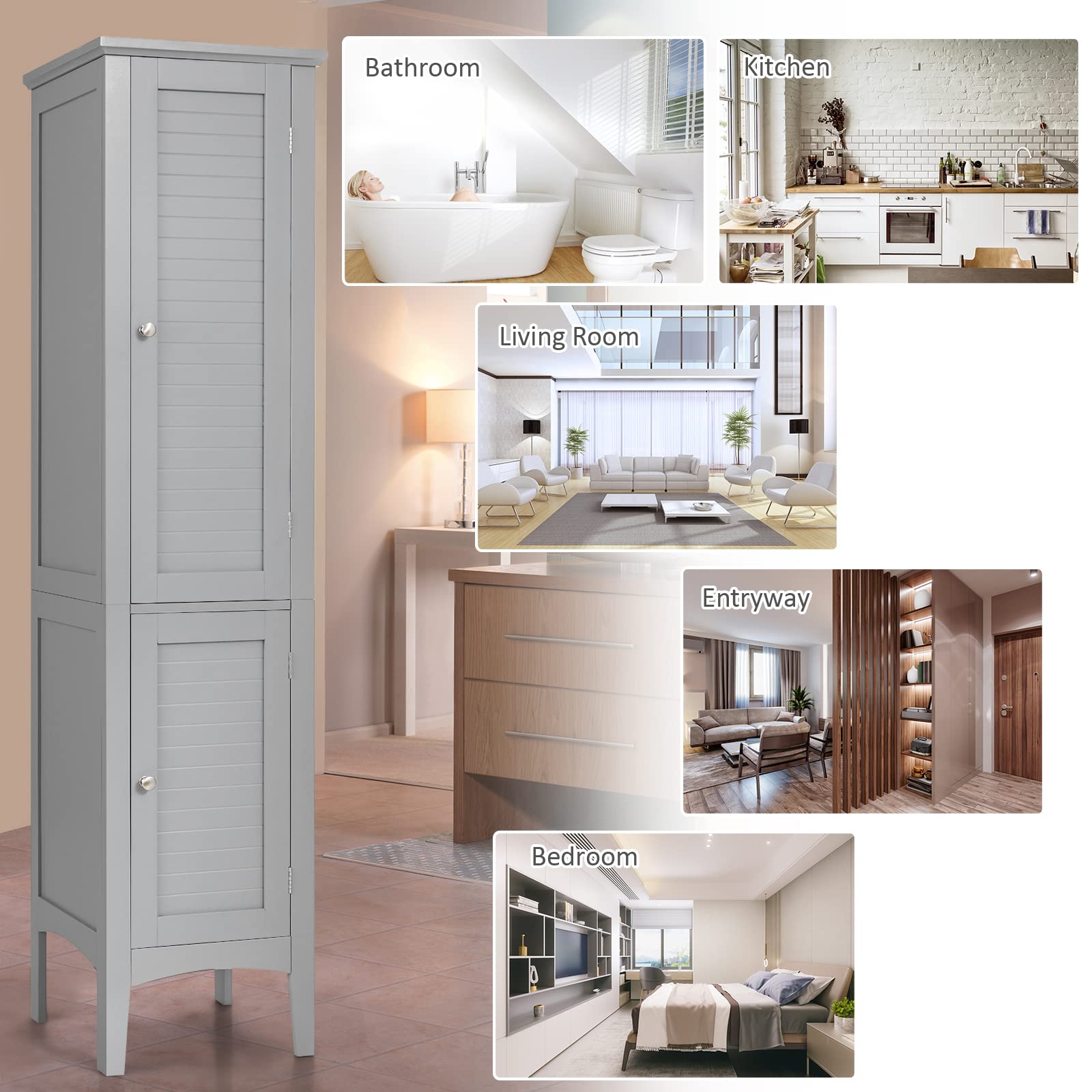 Giantex 5-Tier Storage Cabinet - Freestanding Tall Bathroom Organizer with Shelves for Bathroom, Kitchen, Living Room & Linen Closet - Space Saving Narrow Floor Cabinet (Gray) | Perfect for Small Spaces, Apartment Storage & Home Organization