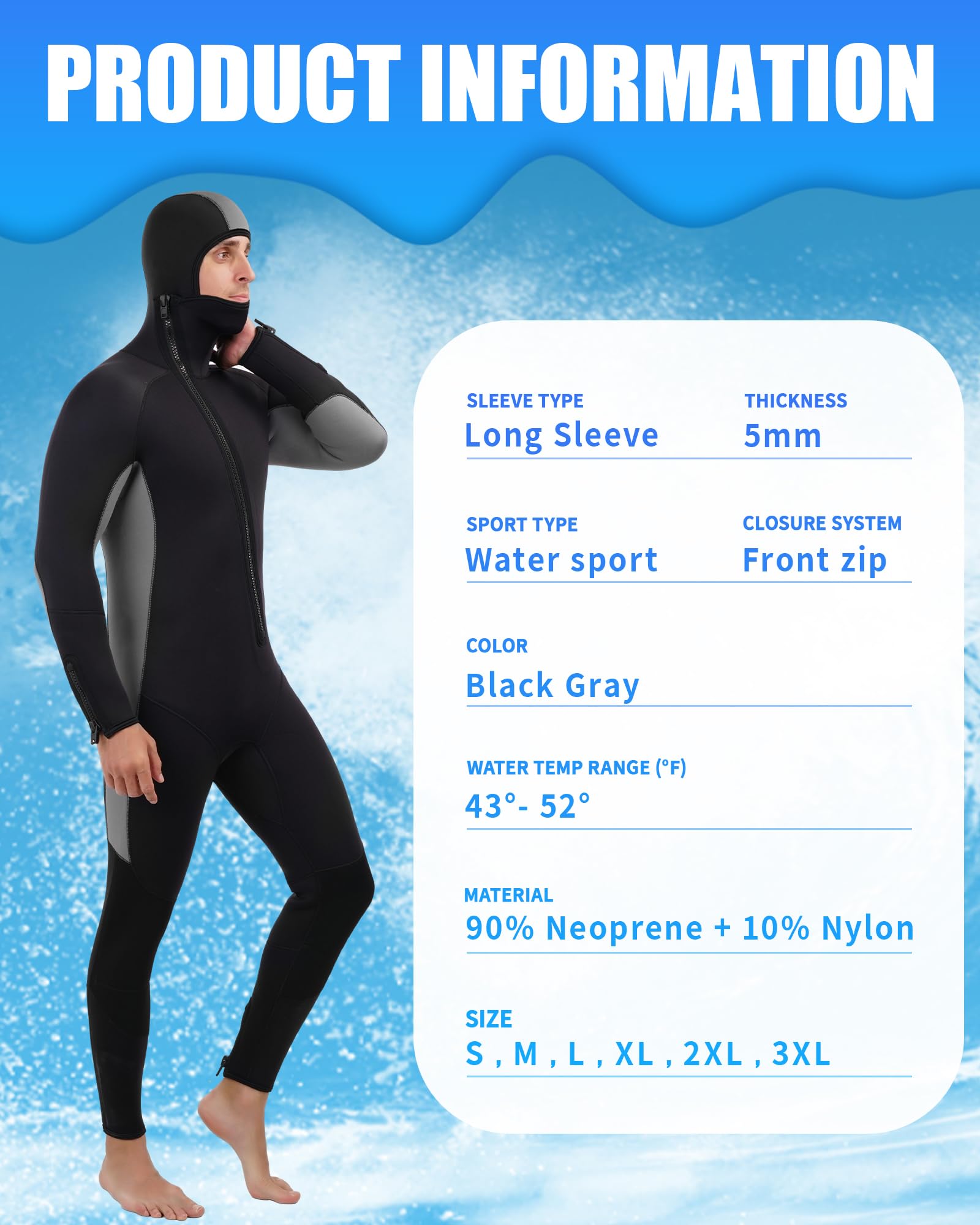5mm Neoprene Men's Wetsuit with Hood - Full Body One Piece Thermal Spearfishing Suit - Front Zipper for Easy Wear - Cold Water Protection for Surfing, Swimming, Diving & Snorkeling - Ideal for Winter Water Sports and Marine Activities