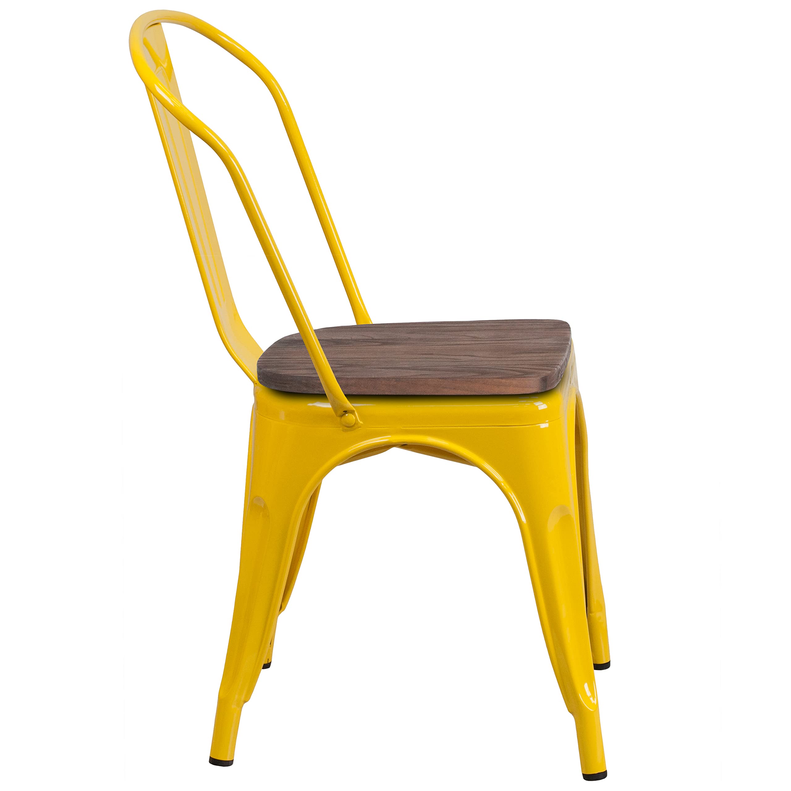 4 Pack Yellow Metal Stackable Chairs with Wood Seat - Commercial Restaurant & Bistro Chairs for Indoor/Outdoor Dining, Cafes, and Events