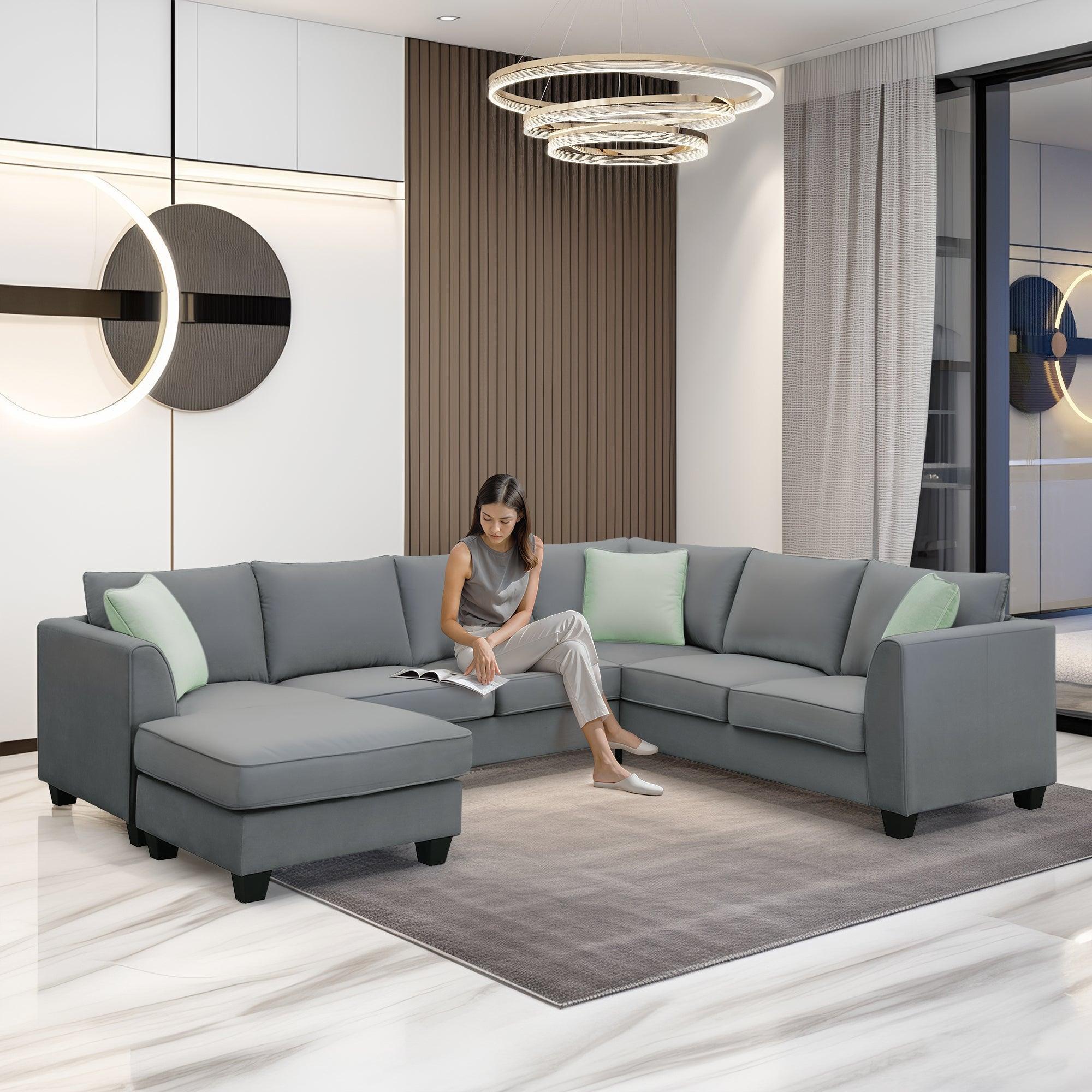 112x87 Inch Modular L-Shaped Sectional Sofa Set with Ottoman & 3 Pillows - 7-Seater Fabric Corner Couch for Living Room | Perfect for Family Gatherings & Movie Nights