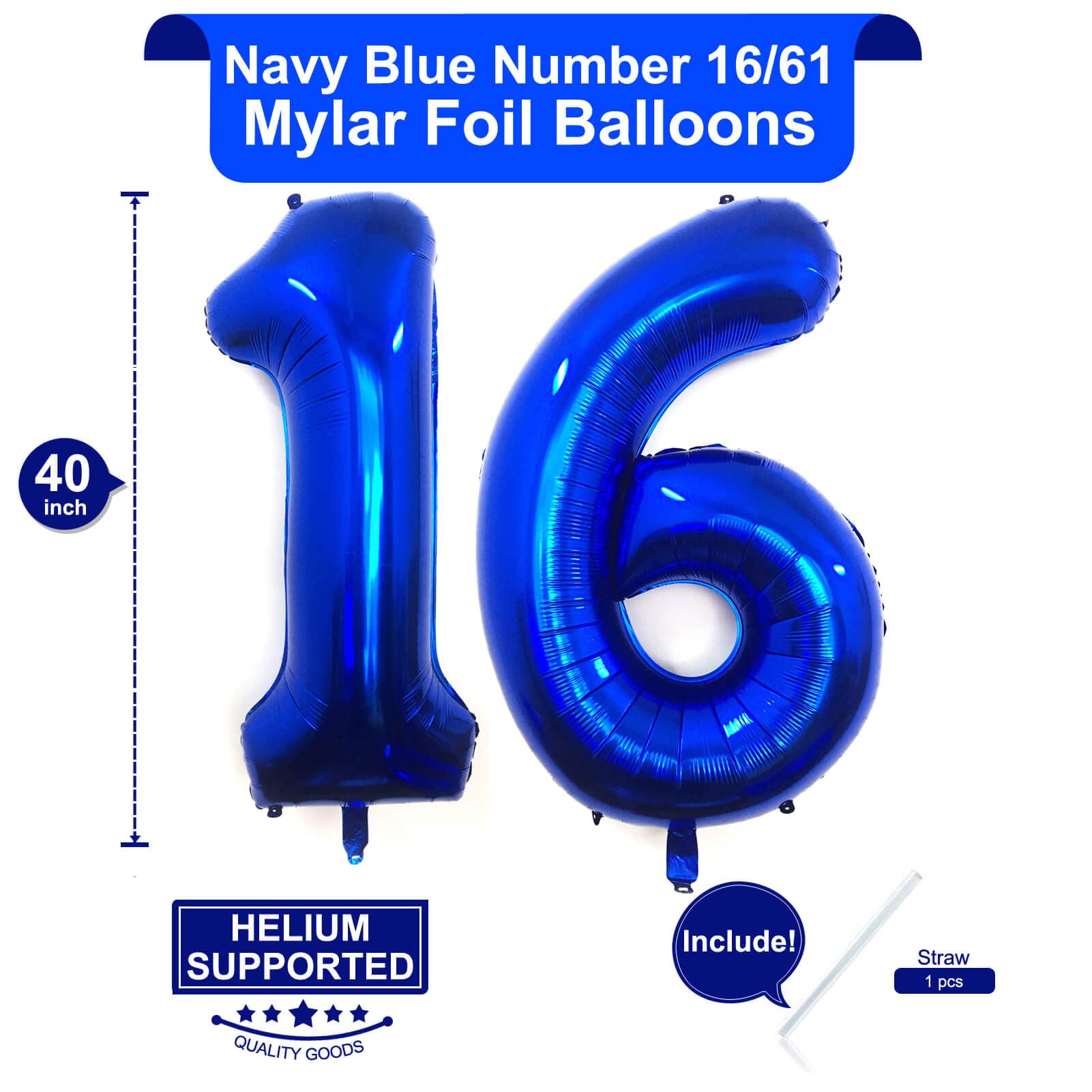 40 Inch Navy Blue 16 Number Balloons - Giant Jumbo Foil Mylar Helium Balloons for 16th Birthday, Anniversary & Party Decorations - Perfect for Indoor/Outdoor Celebrations, Graduations & Photo Backdrops