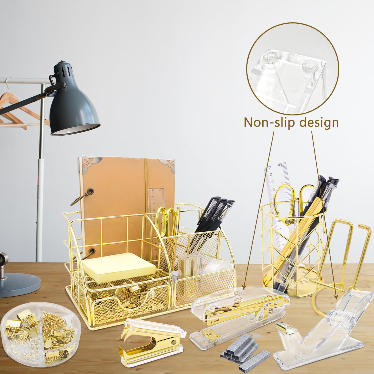 Premium Gold Desk Organizer Set - 13-Piece Office Supplies Kit with Acrylic Stapler, Tape Dispenser, Pen Holder, Scissors & Phone Stand - Elegant Workspace Accessories for Home Office, Study Desk & Professional Workstations