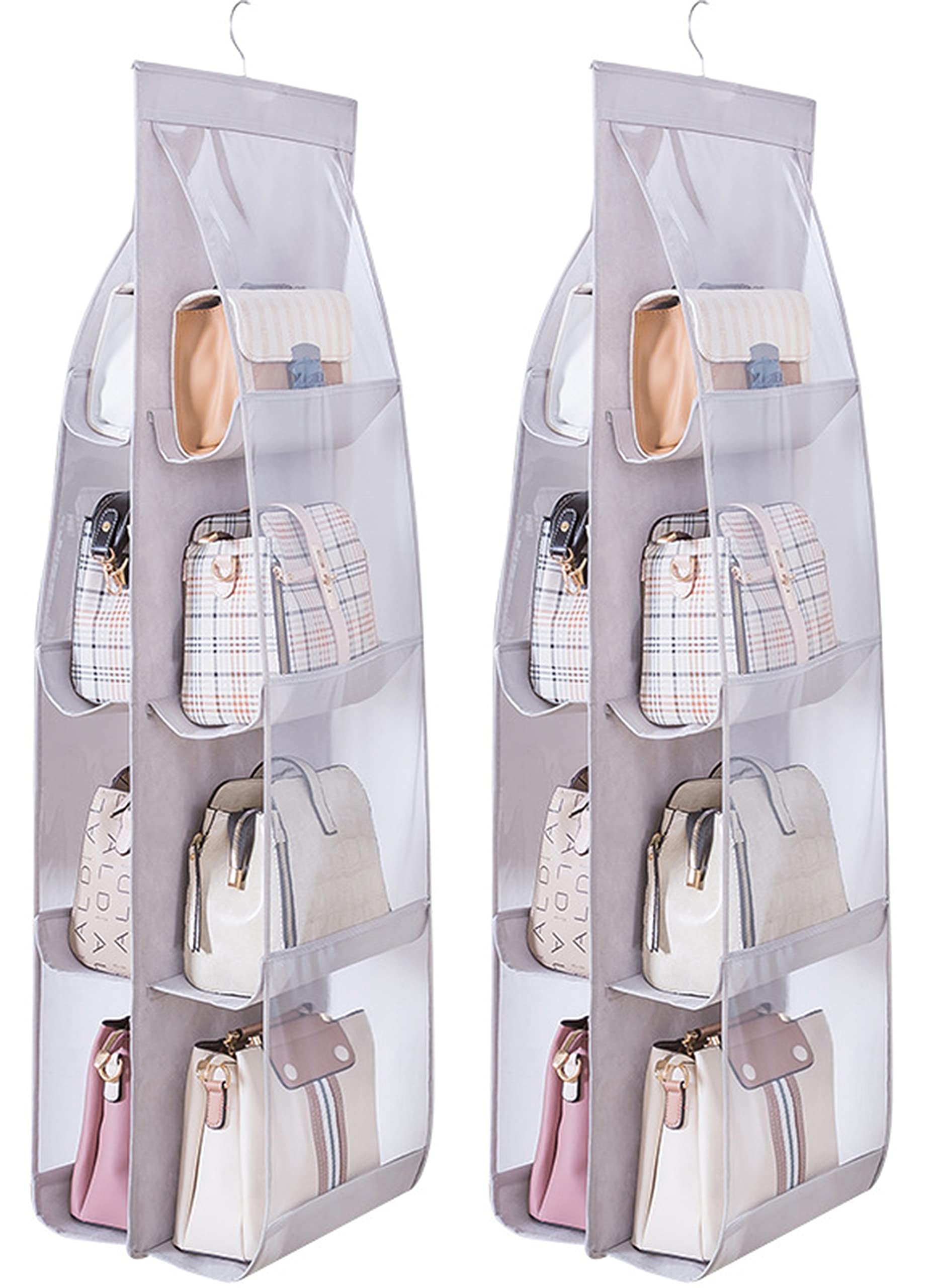MURRI&MURRDI 2-Pack Hanging Handbag Organizer for Closet - 8 Clear PVC Pockets Purse Storage Holder - Space Saving Wardrobe Organizer (Gray) - Perfect for Handbag, Wallet & Accessory Storage in Bedroom or Walk-in Closet