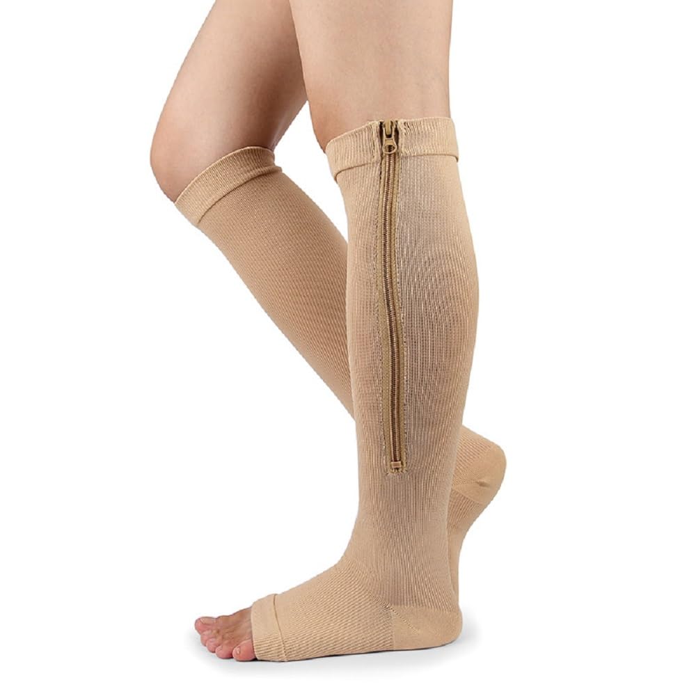 Topwon Open-Toe Compression Socks for Women & Men - 2 Pairs Knee High Support Stockings with Zipper - Ideal for Running, Travel & Varicose Vein Relief