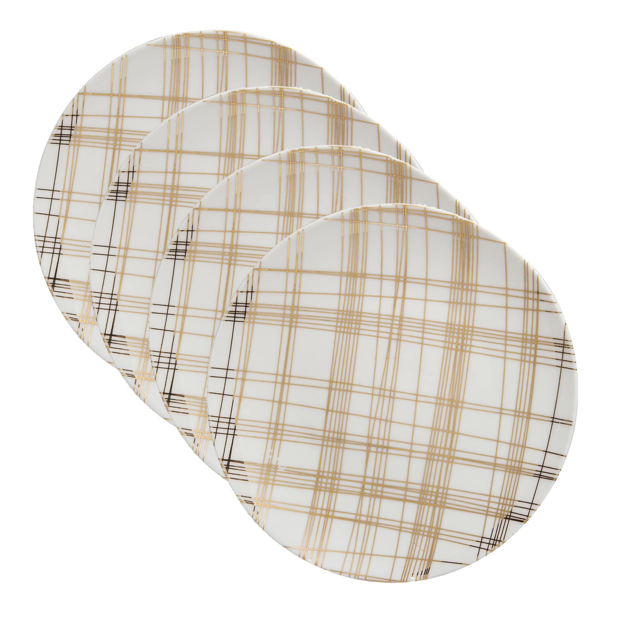 Gracie China by Coastline Imports 8.25-Inch Gold Plaid Porcelain Dessert Plates, Salad Plates (Set of 4) - Elegant Table Setting for Afternoon Tea, Dinner Parties & Holiday Entertaining